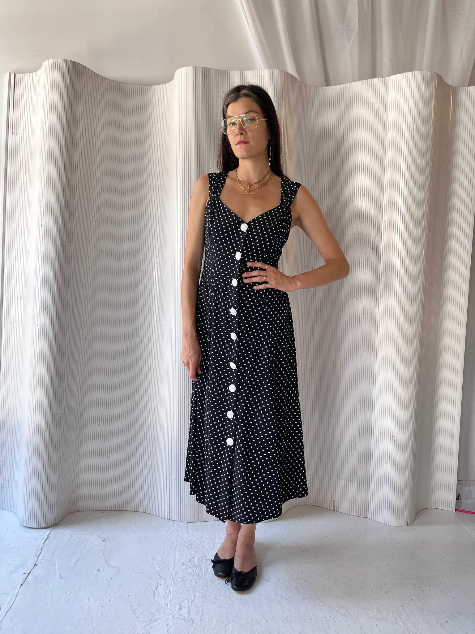 Black polka dot dress with buttons