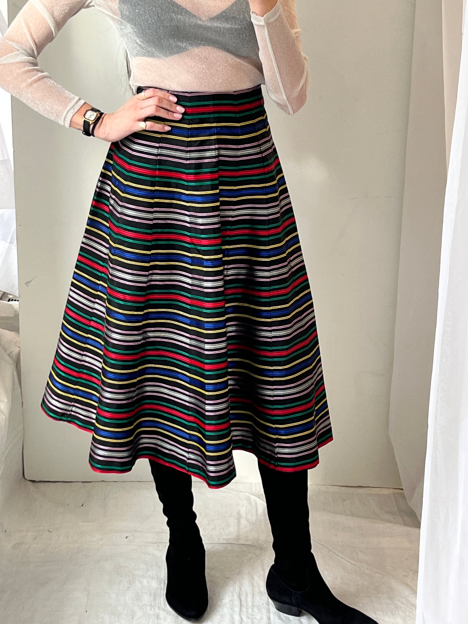 High Waisted Midi Multicolor Ribbon Skirt