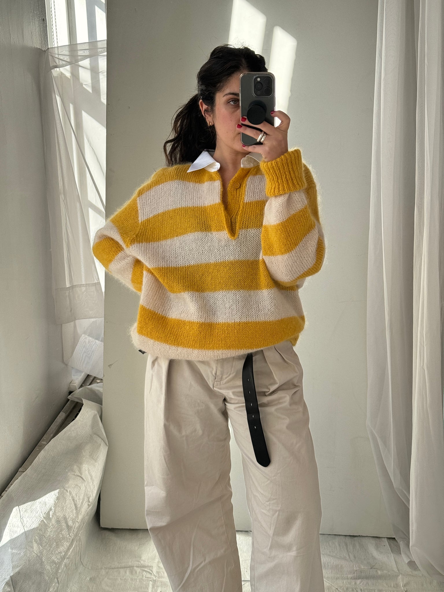 Unisex Fendi Striped Yellow and Cream Mohair Sweater with Collar