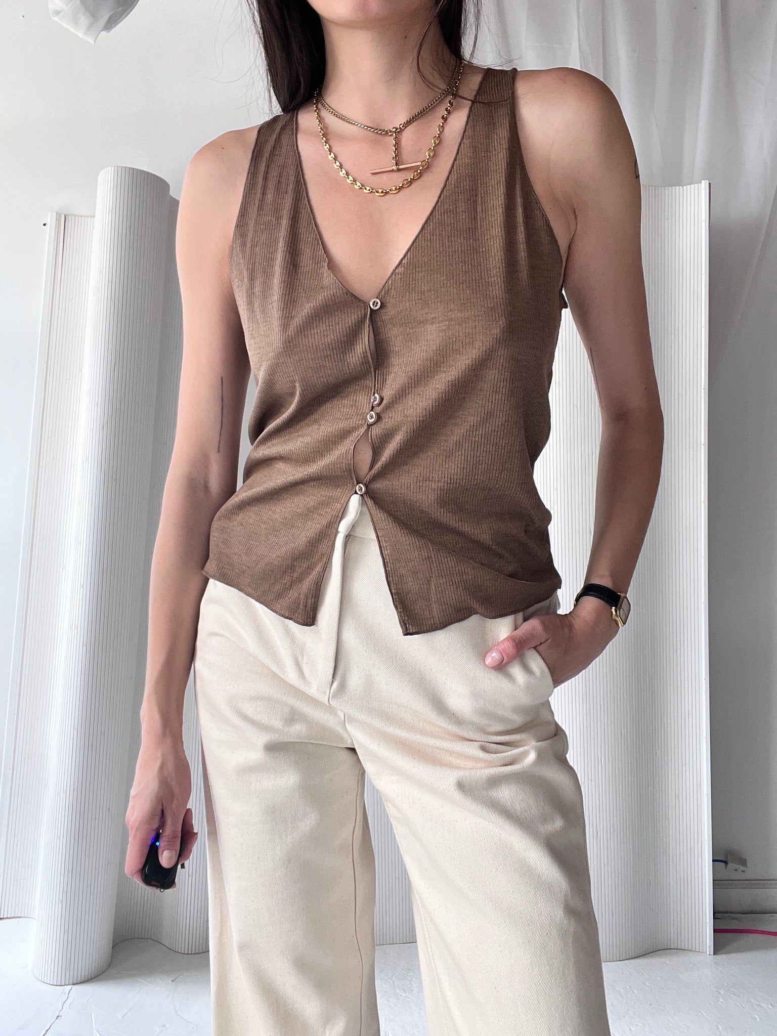 taupe button tank