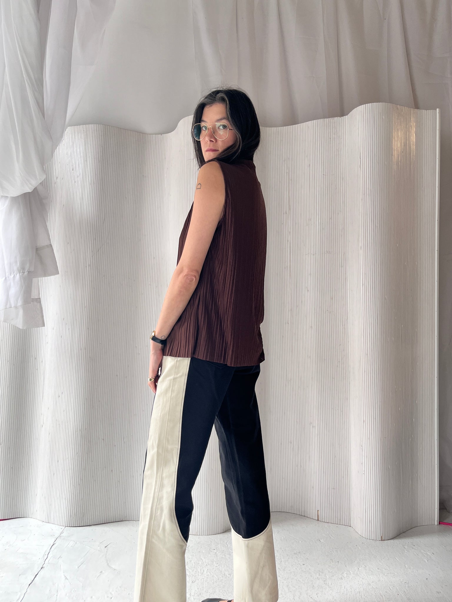 Brown pleated mock neck tank