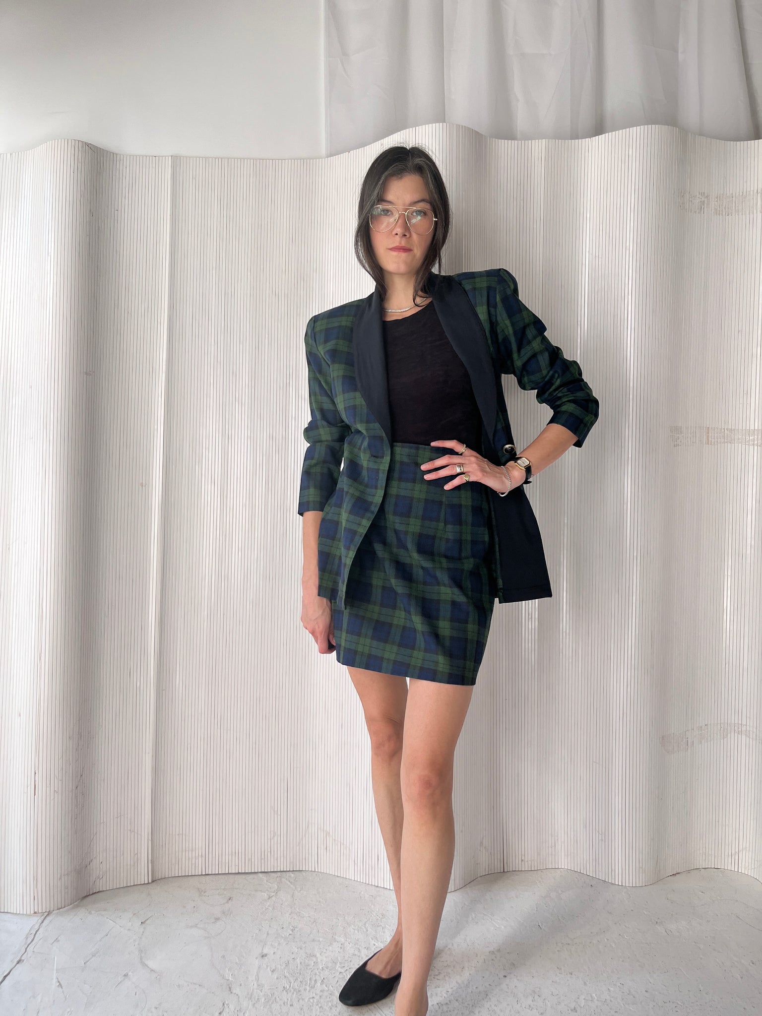 Green & navy plaid skirt suit