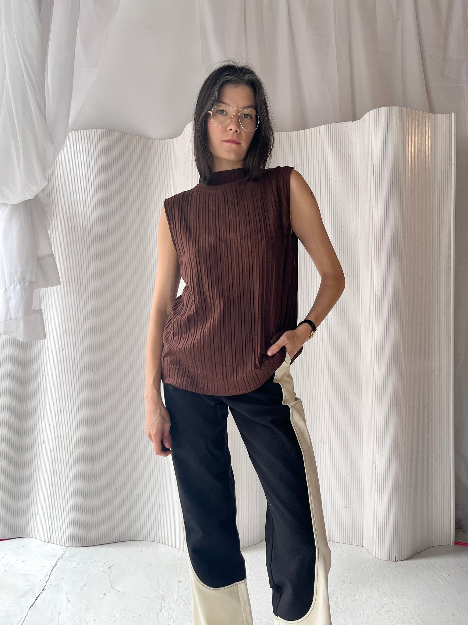 Brown pleated mock neck tank