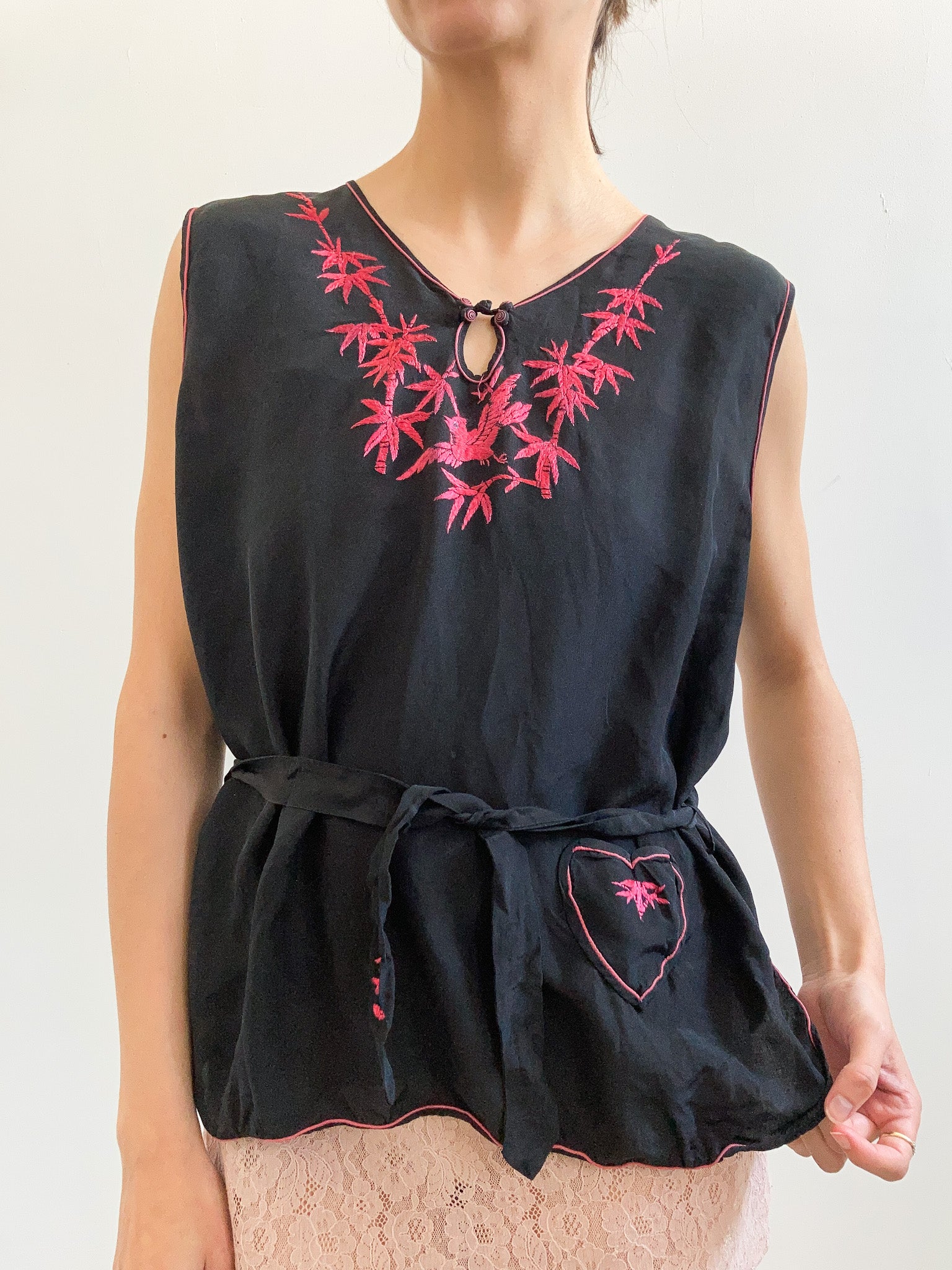 1920s Black Crepe Blouse with Embroidery