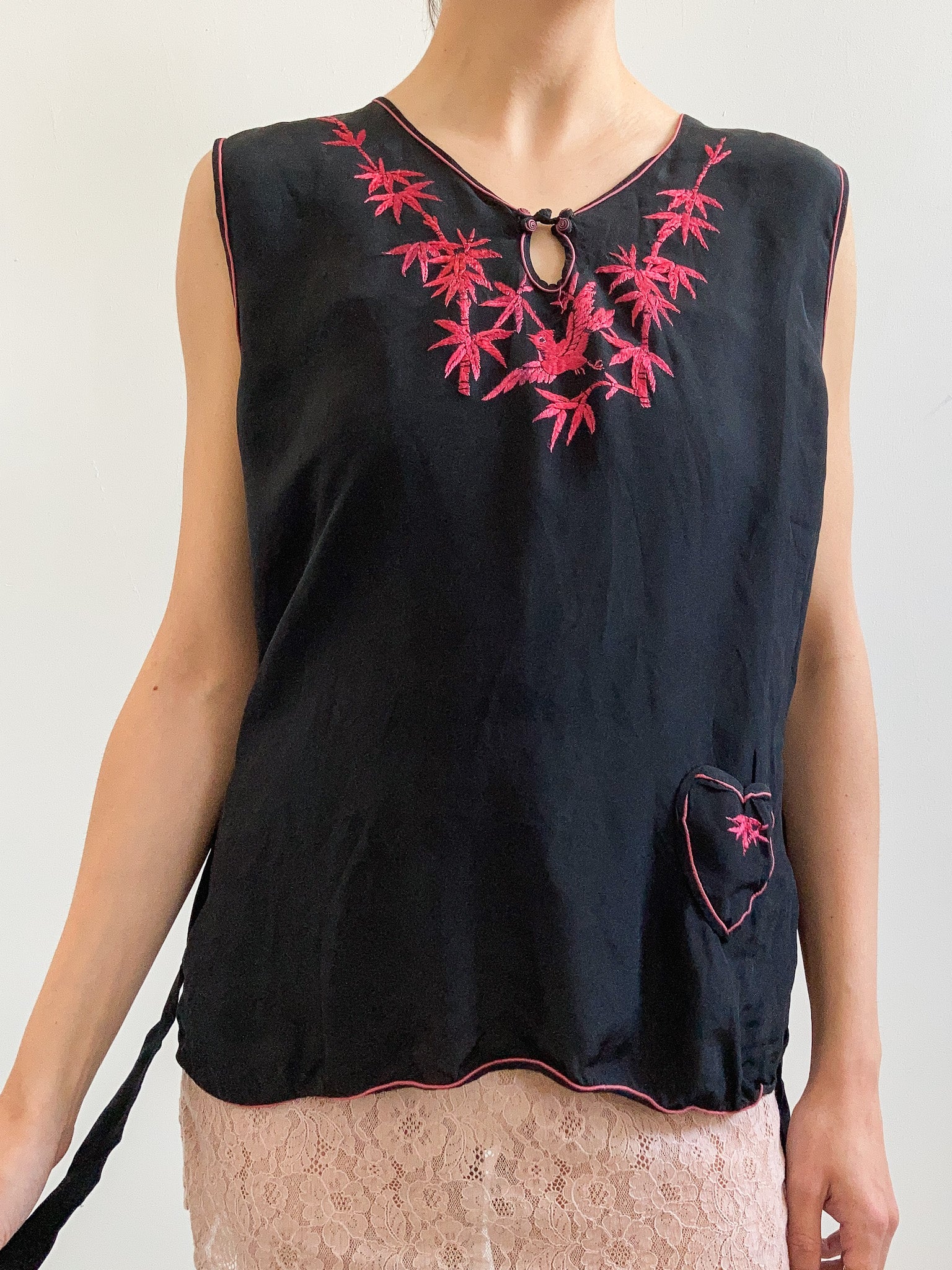 1920s Black Crepe Blouse with Embroidery