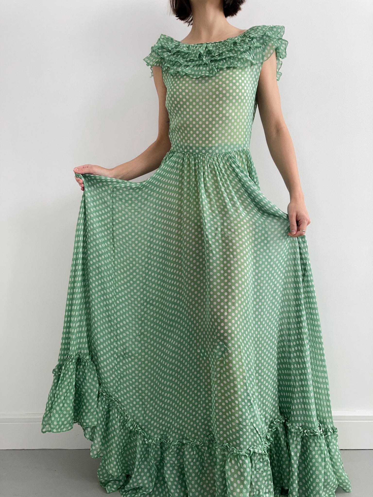 1930s Green Ruffled Chiffon Polka Dot Dress