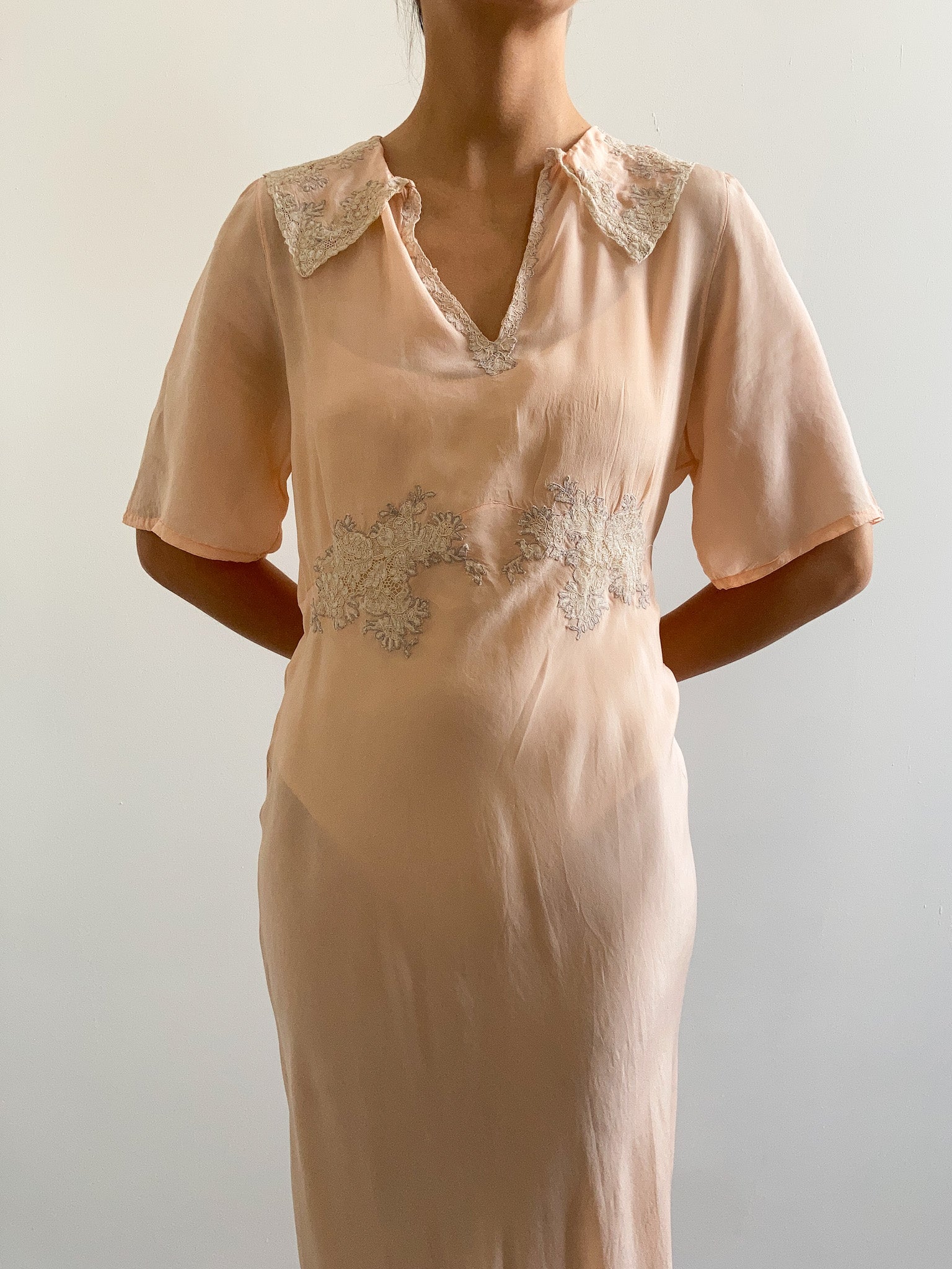1930s Peach Chiffon Gown with Alencon Lace
