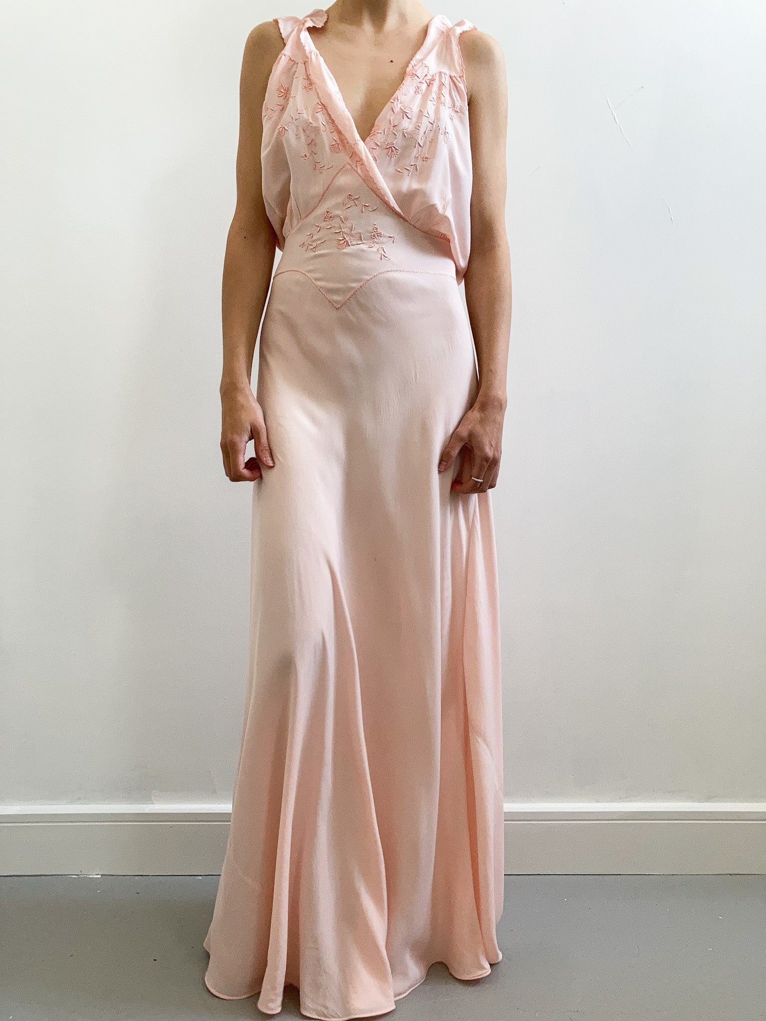 1930s Pink Silk Ruffled Gown with Embroidery