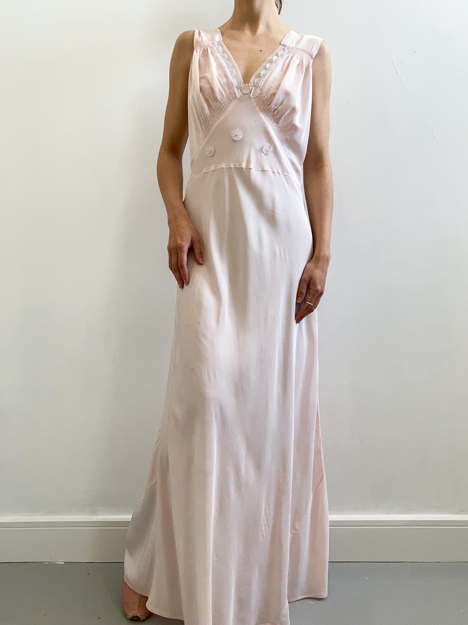 1930s Pink Slip Gown with Floral Appliques