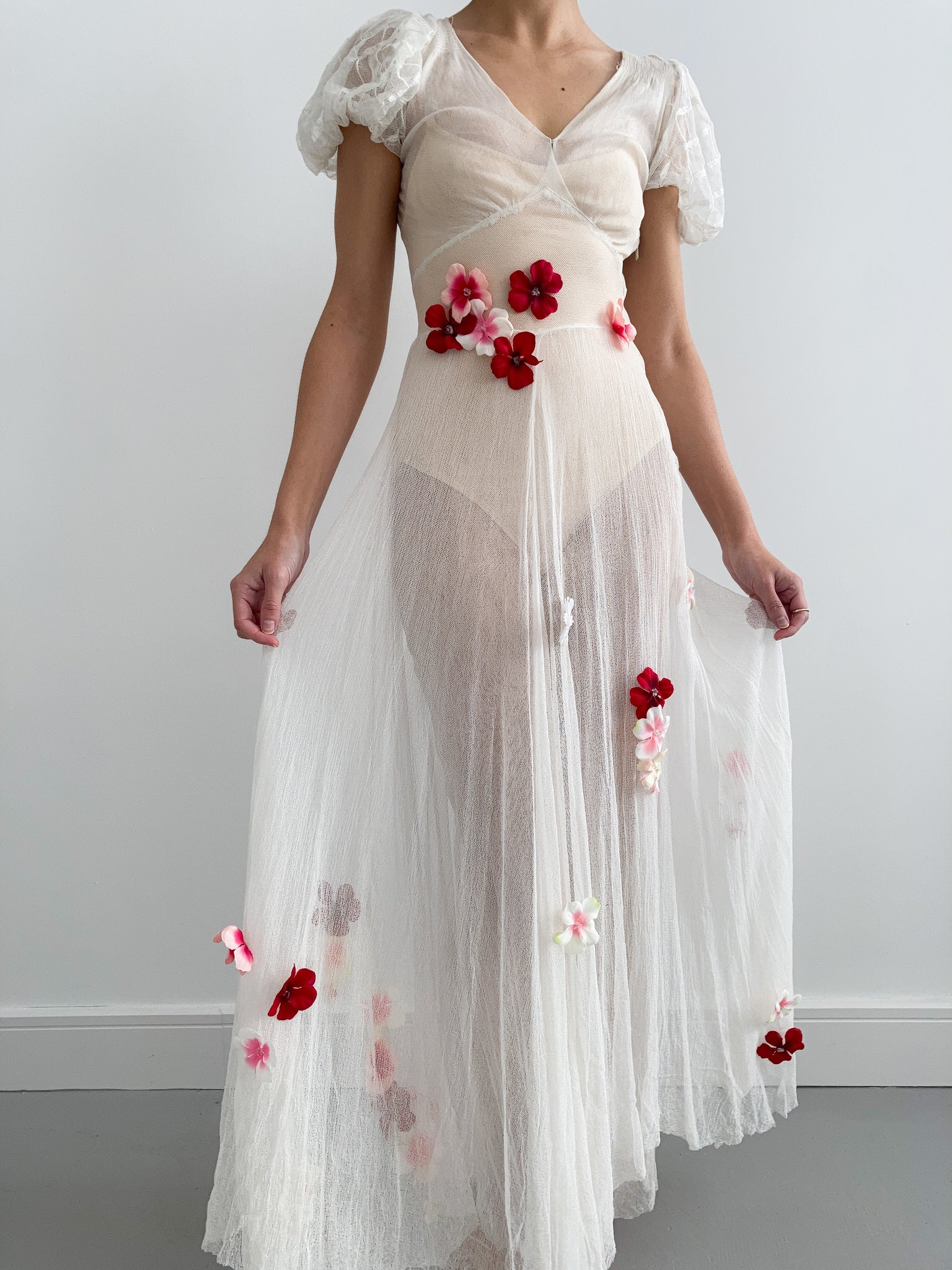 1930s Puff Sleeve Net Floral Applique Dress