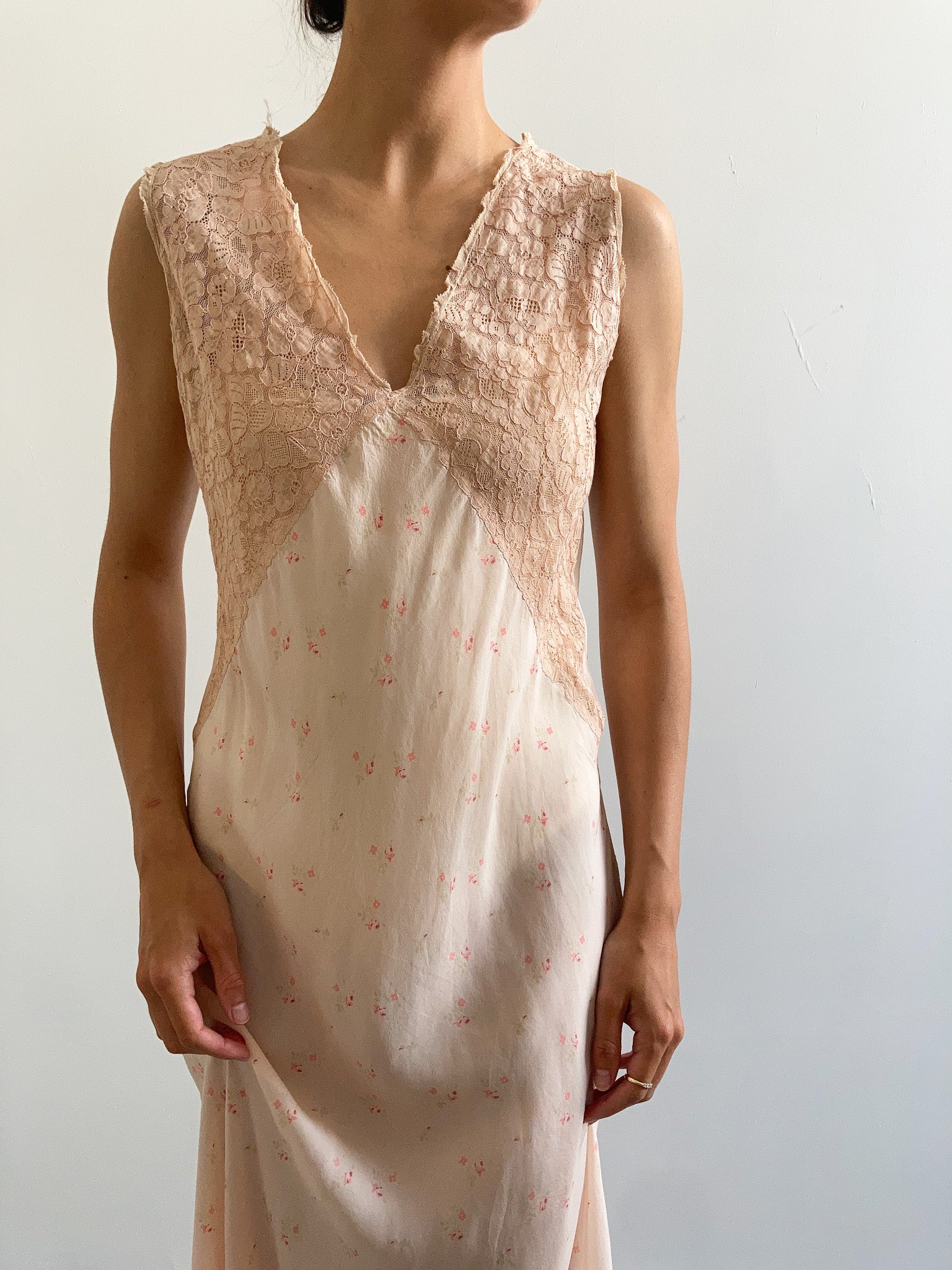 1930s Silk Floral and Pink Lace Slip Gown