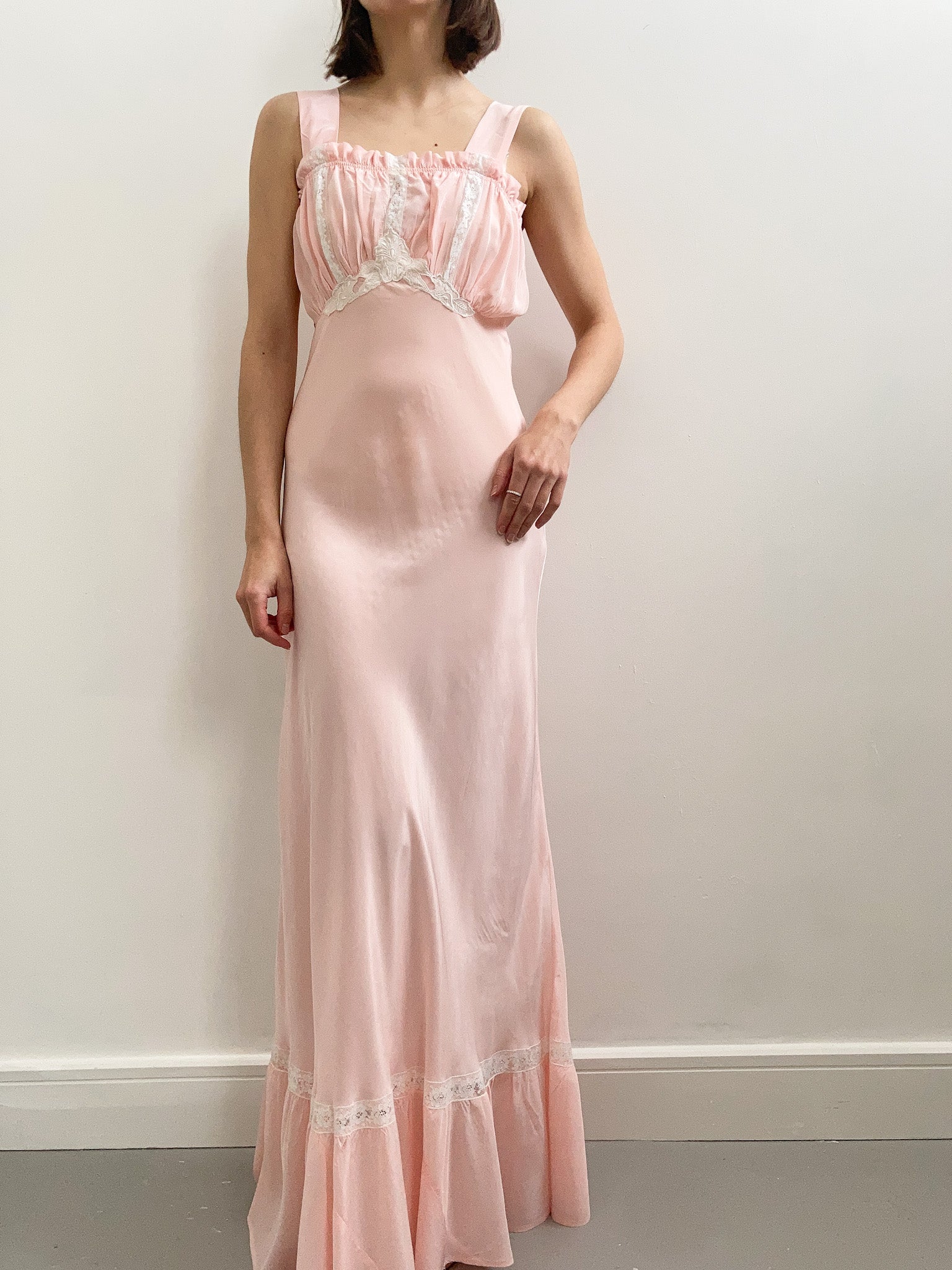 1940s Pink Ruffled Sweetheart Slip Gown