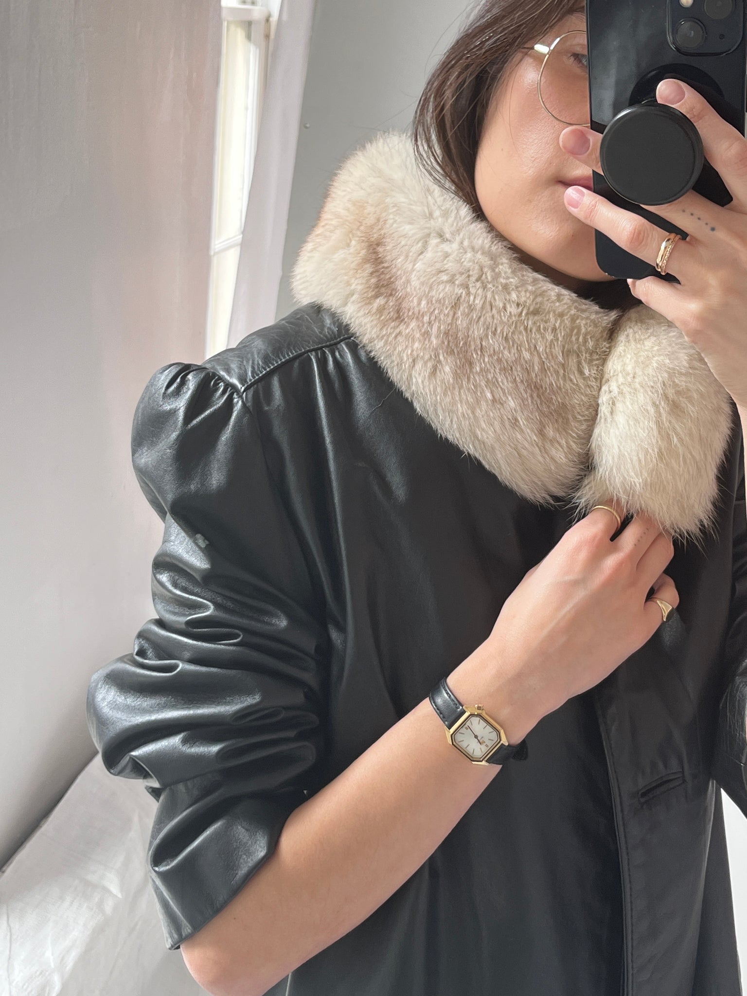 D’esprit leather and fur coat