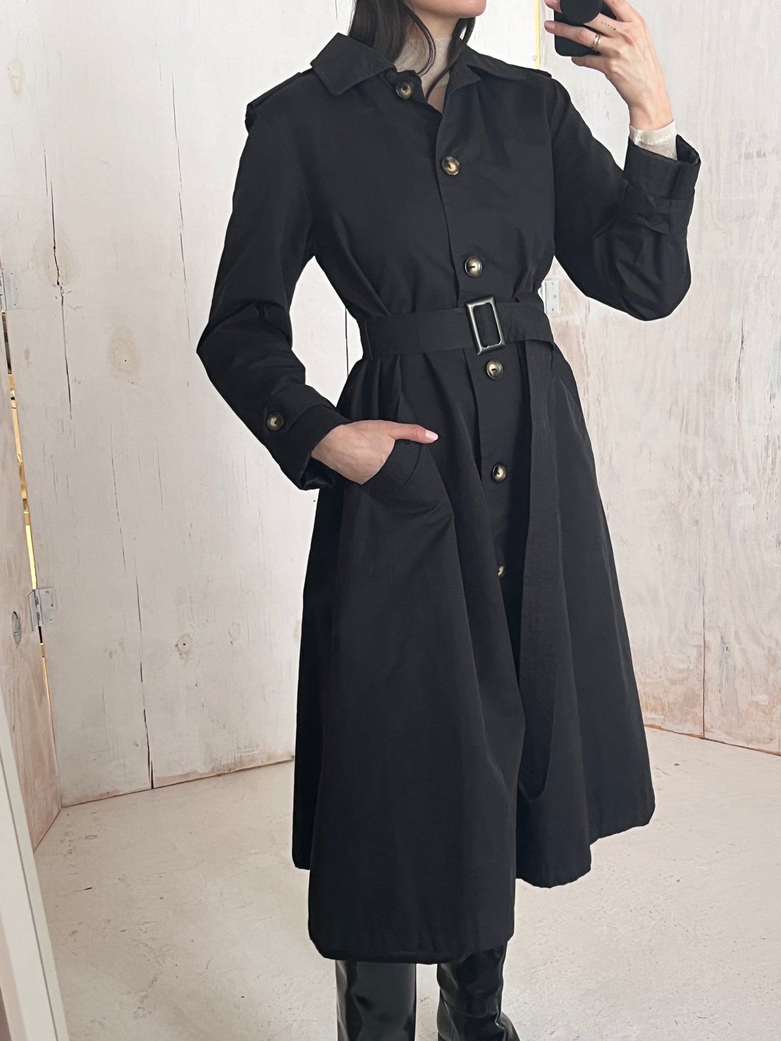 90s DKNY Matte Black Trench Coat Dress