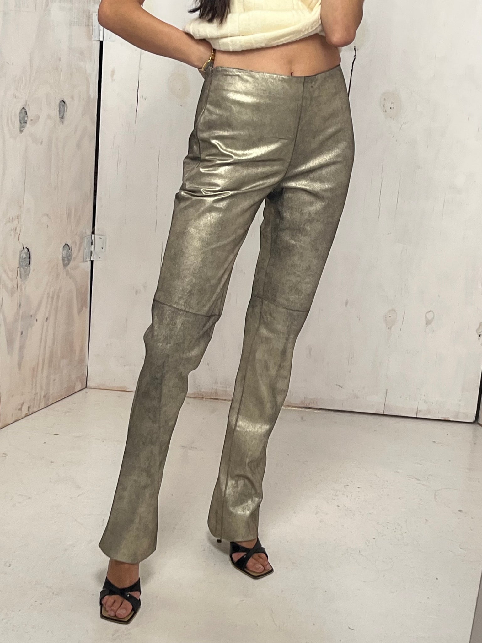 Purple Label Ralph Lauren High Waisted Gold Metallic Leather Boot Cut Pants