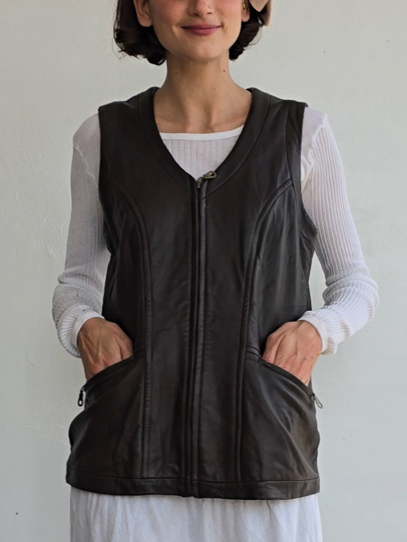 Cocoa Leather Zip Vest