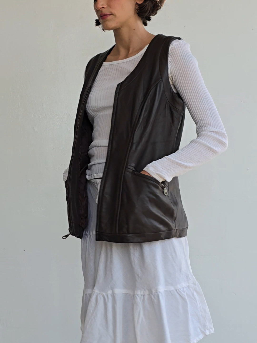 Cocoa Leather Zip Vest