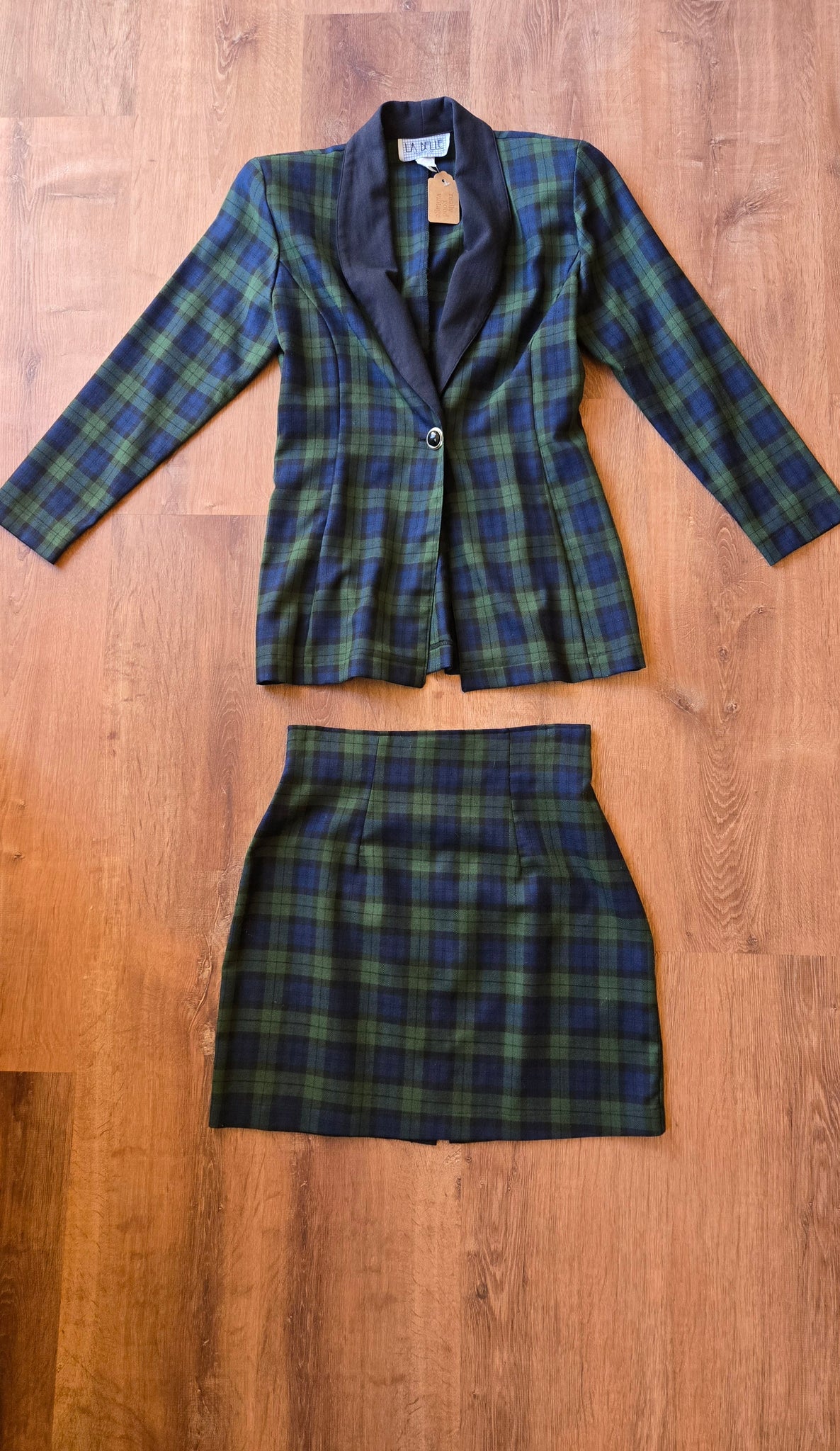 Green & navy plaid skirt suit