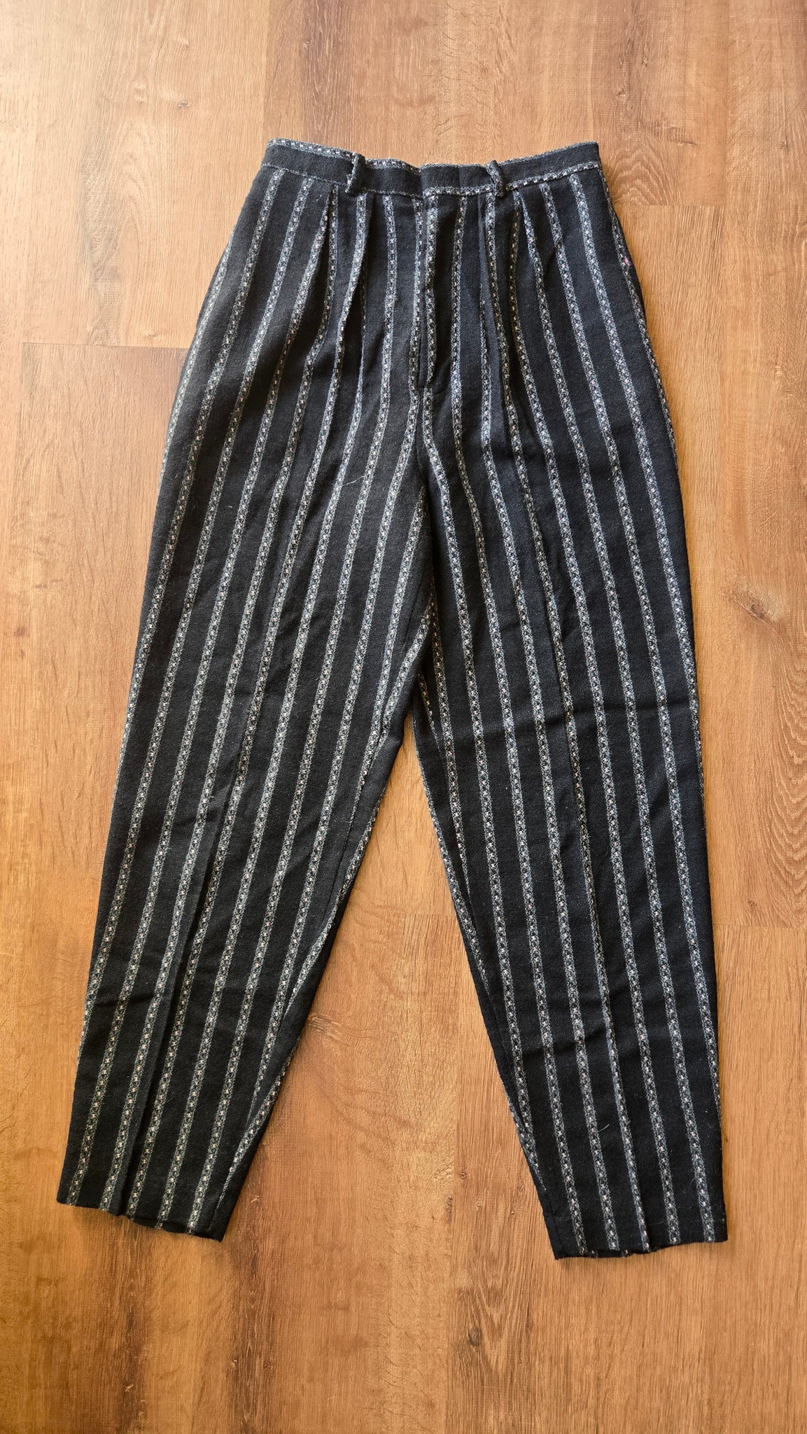 Black, grey, and pink striped wool pants