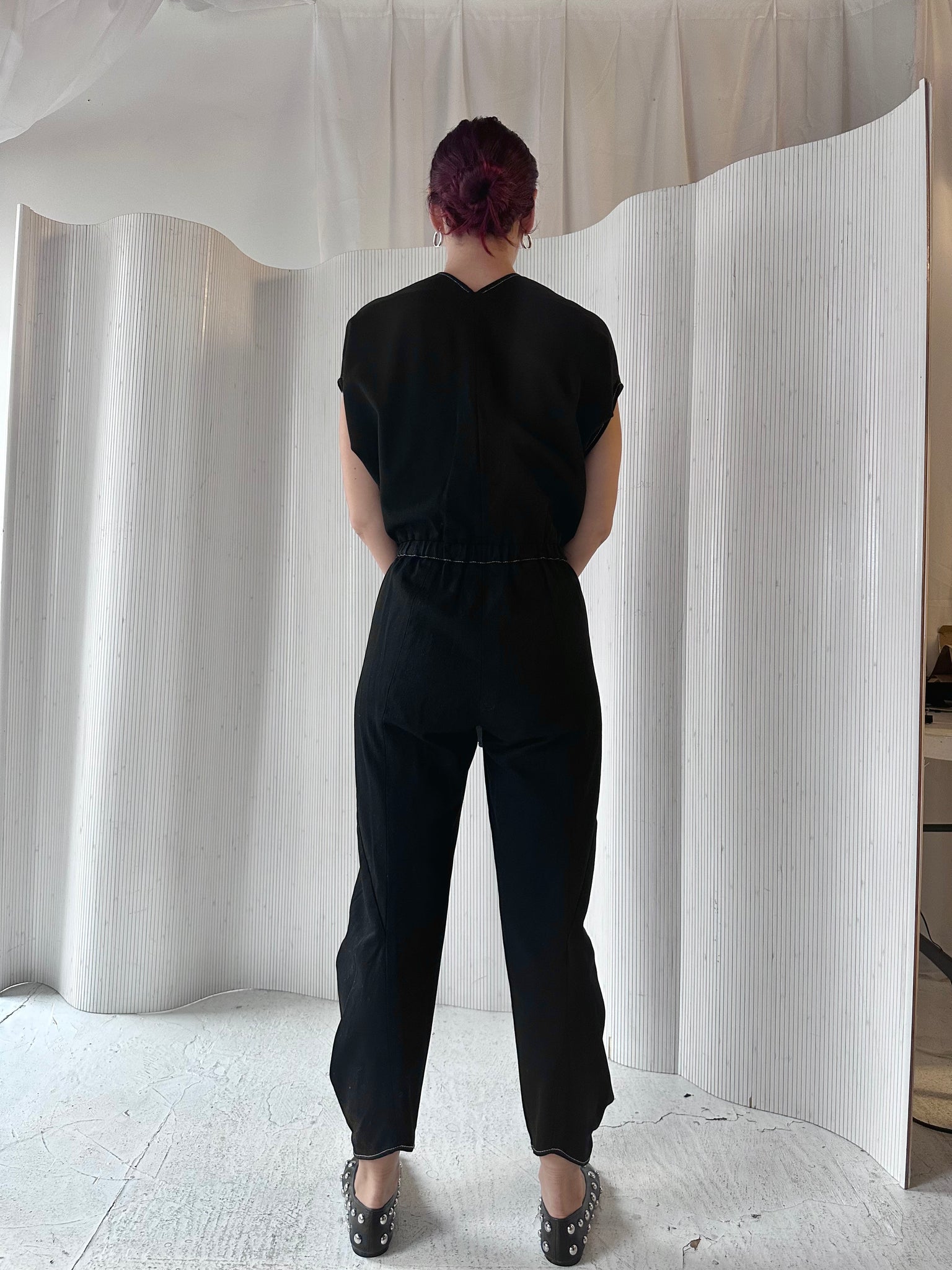 Sculpted and Cinched Black Cotton Jumpsuit