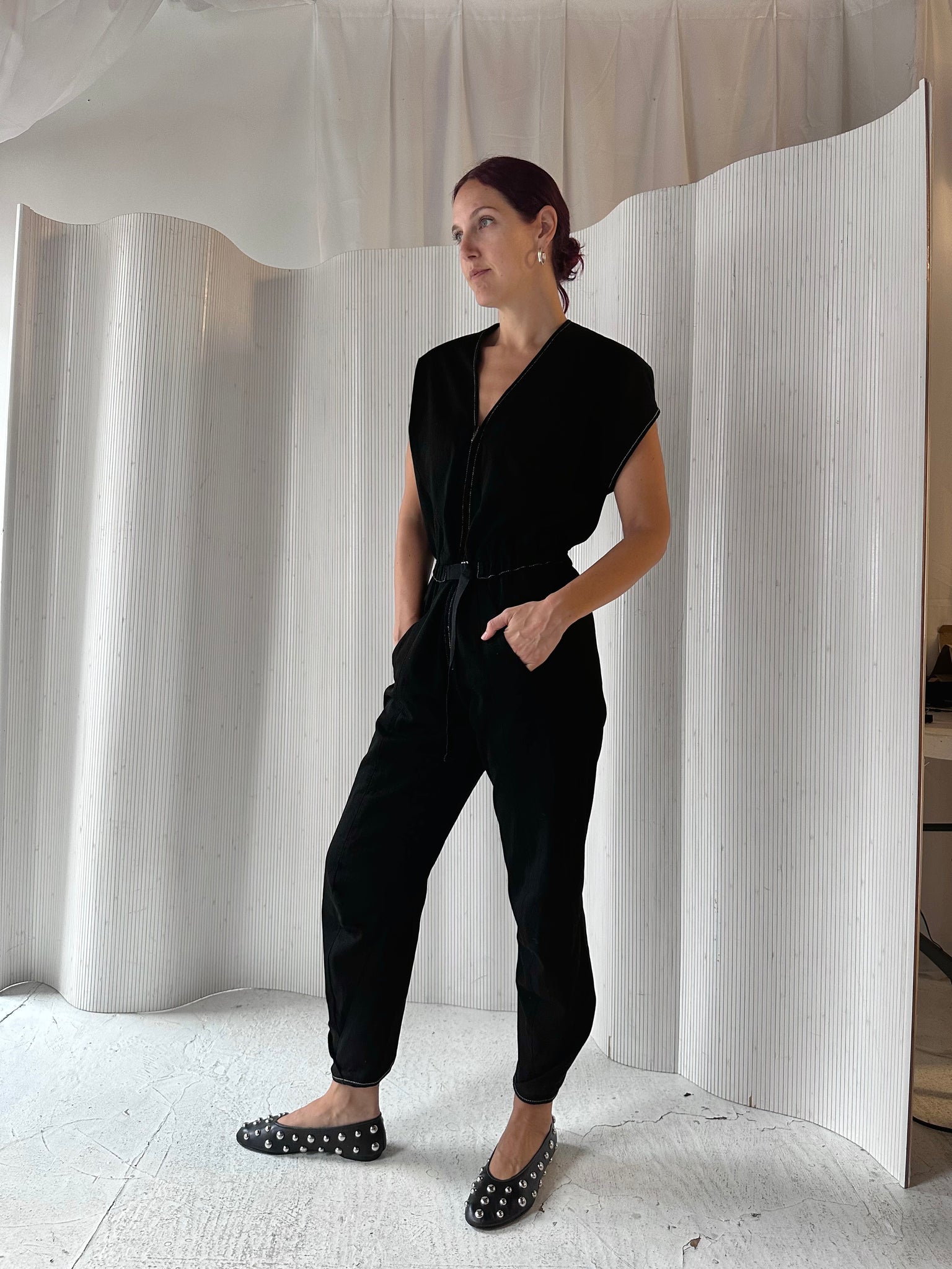 Sculpted and Cinched Black Cotton Jumpsuit