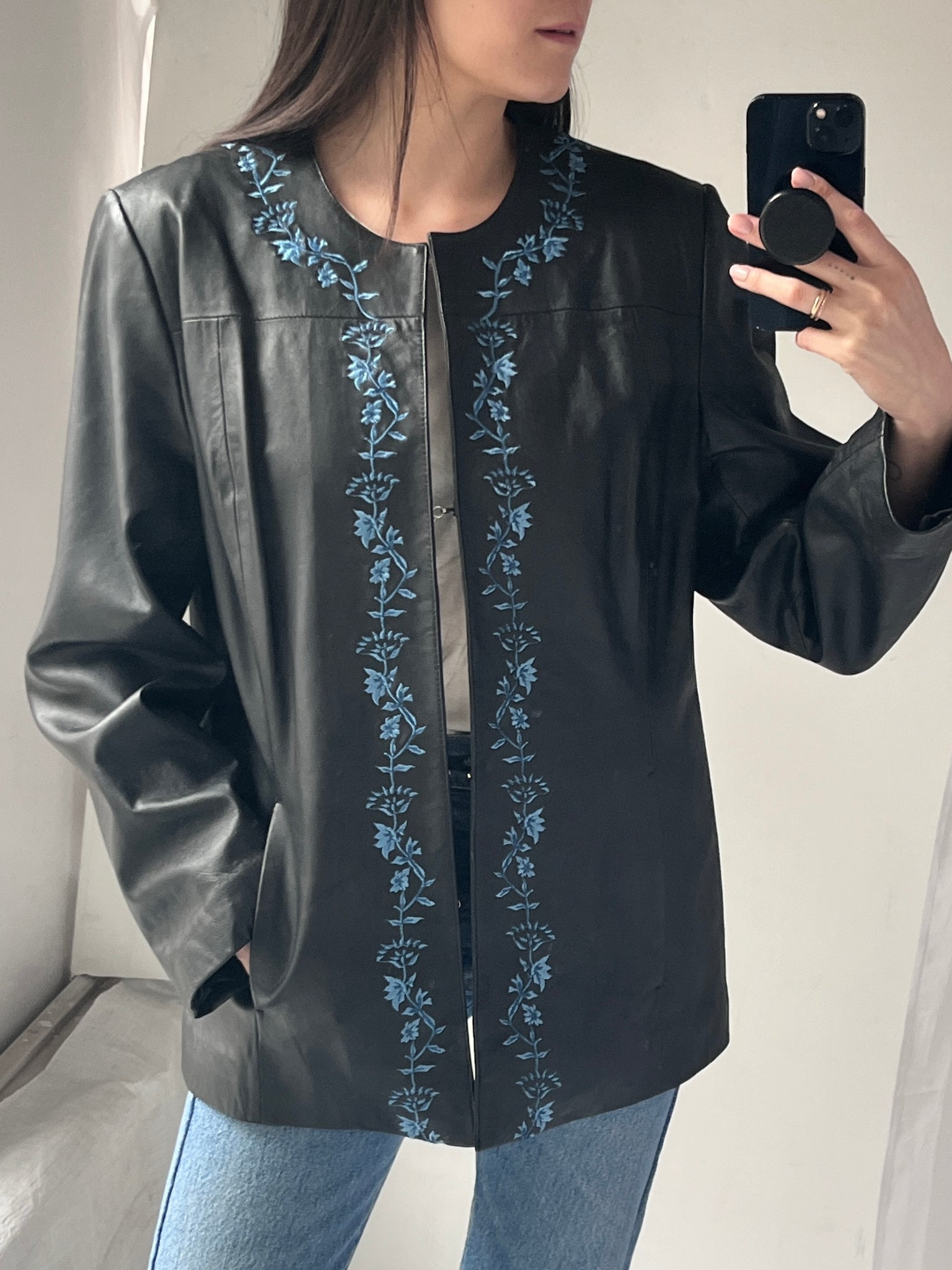 Black Leather Jacket with Blue Floral Embroidery