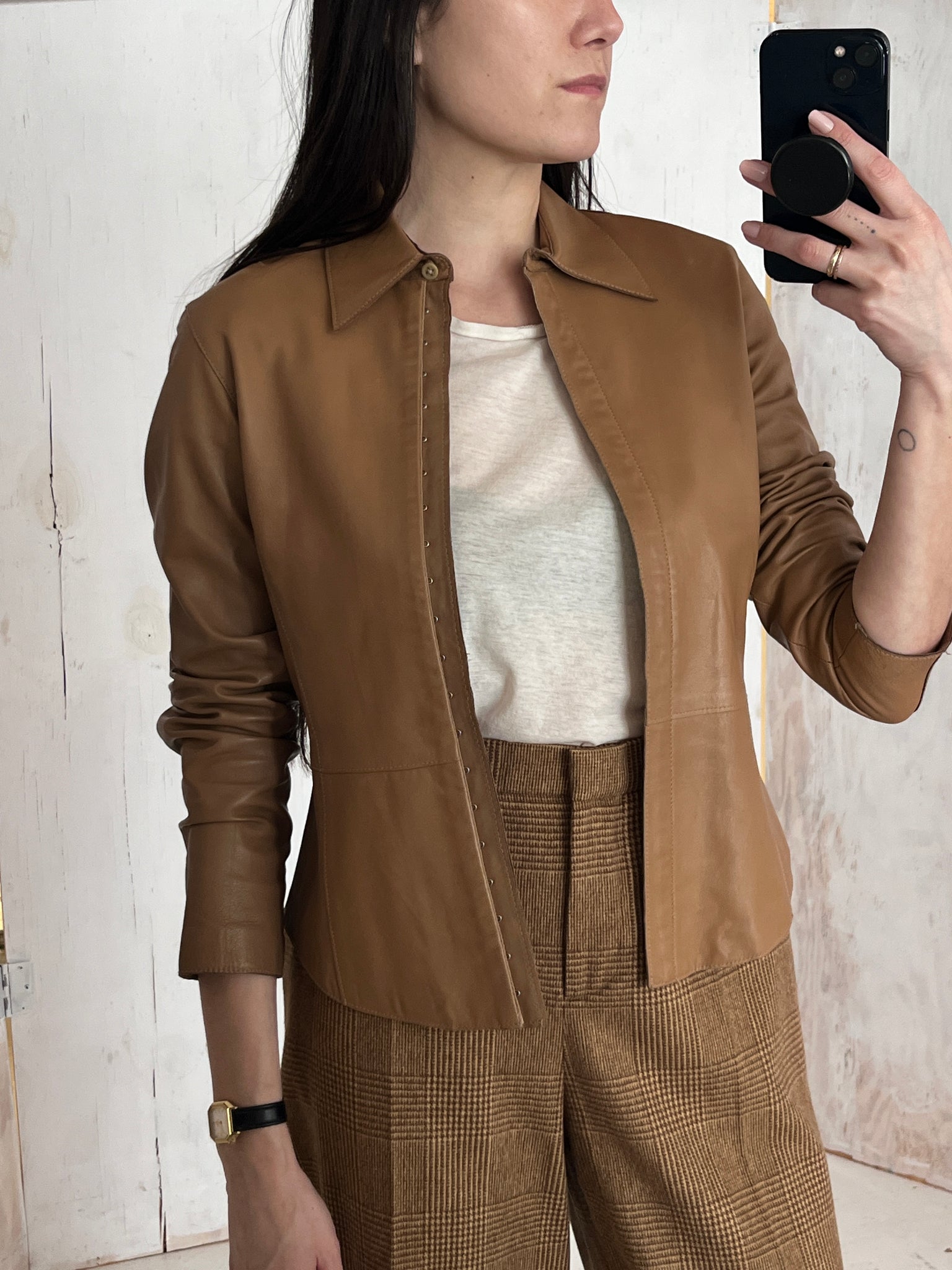 Soft Anne Klein tan leather shirt