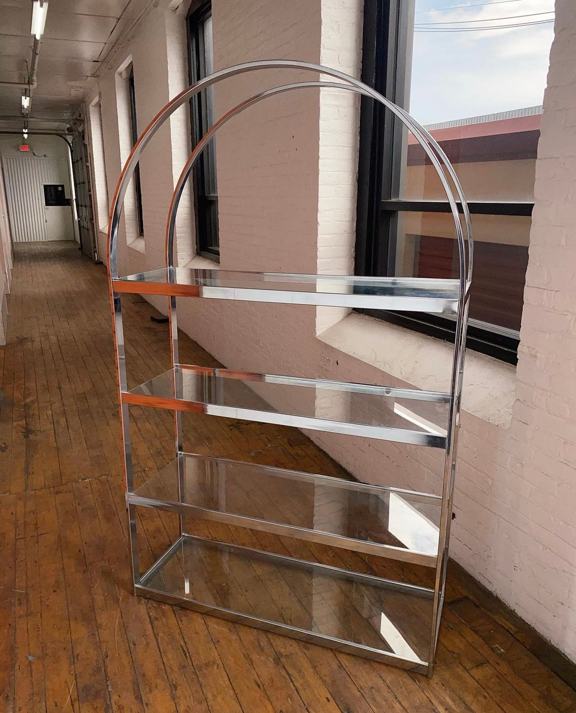 Vintage arched Milo Baugham-style chrome etagere