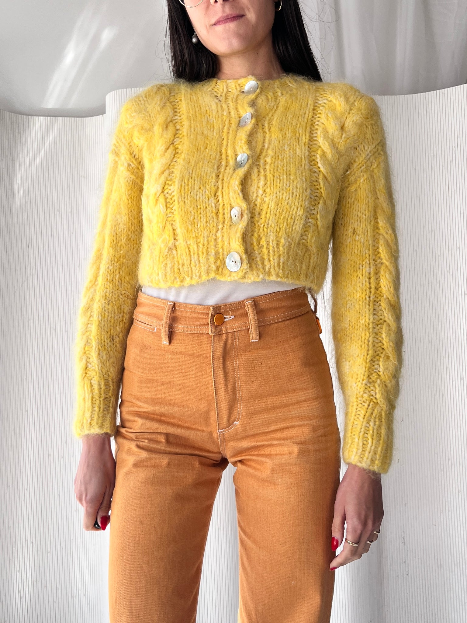 Frisson Knits Cropped Yellow Cardigan