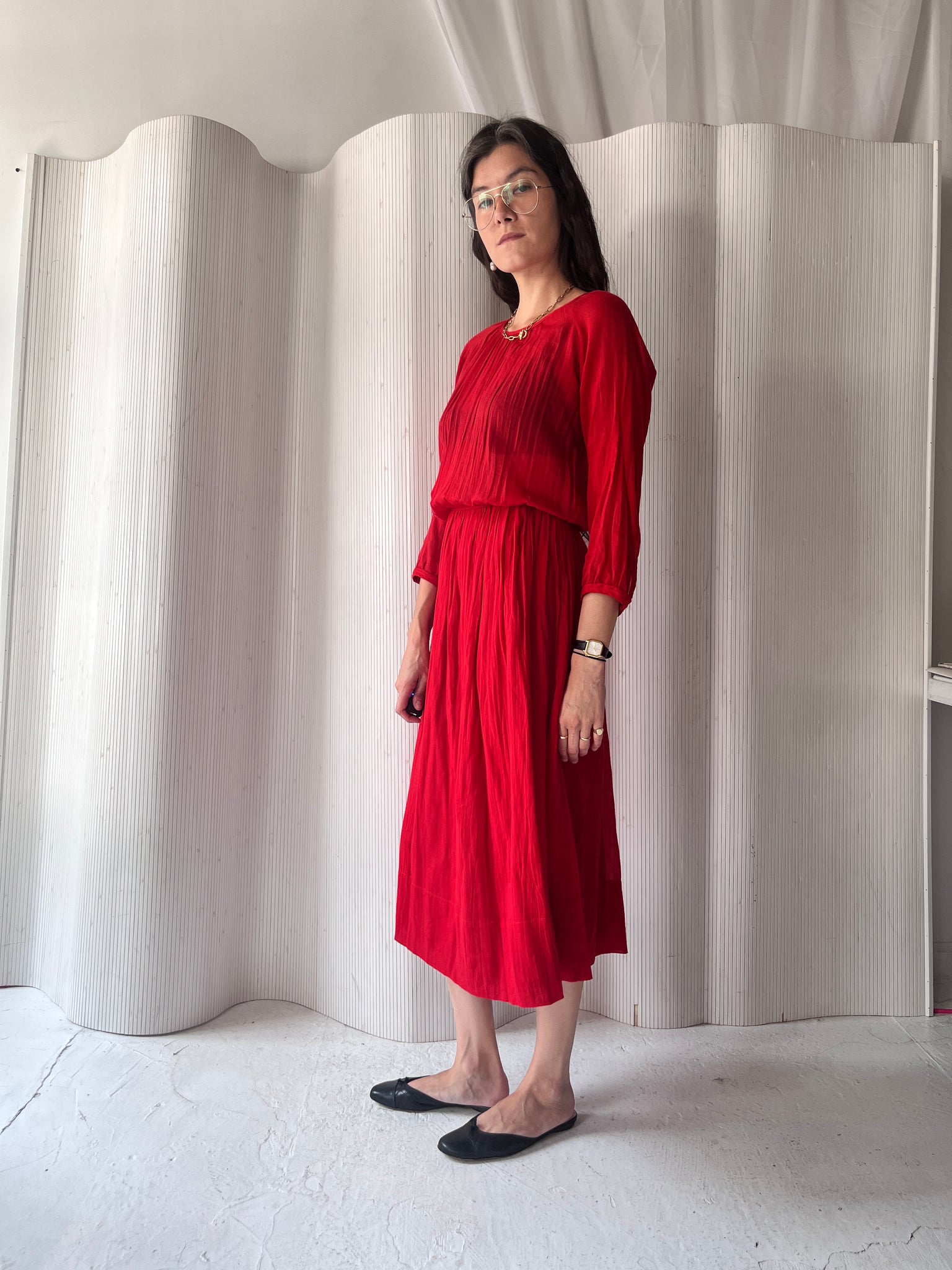 Red Sheer Blouson Dress