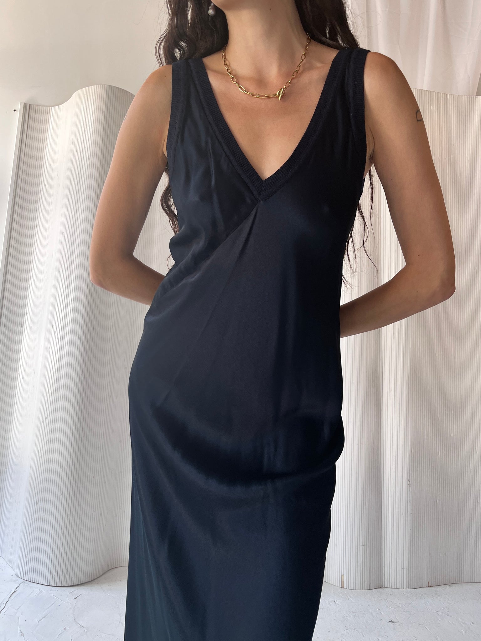 DKNY navy knit & silky dress