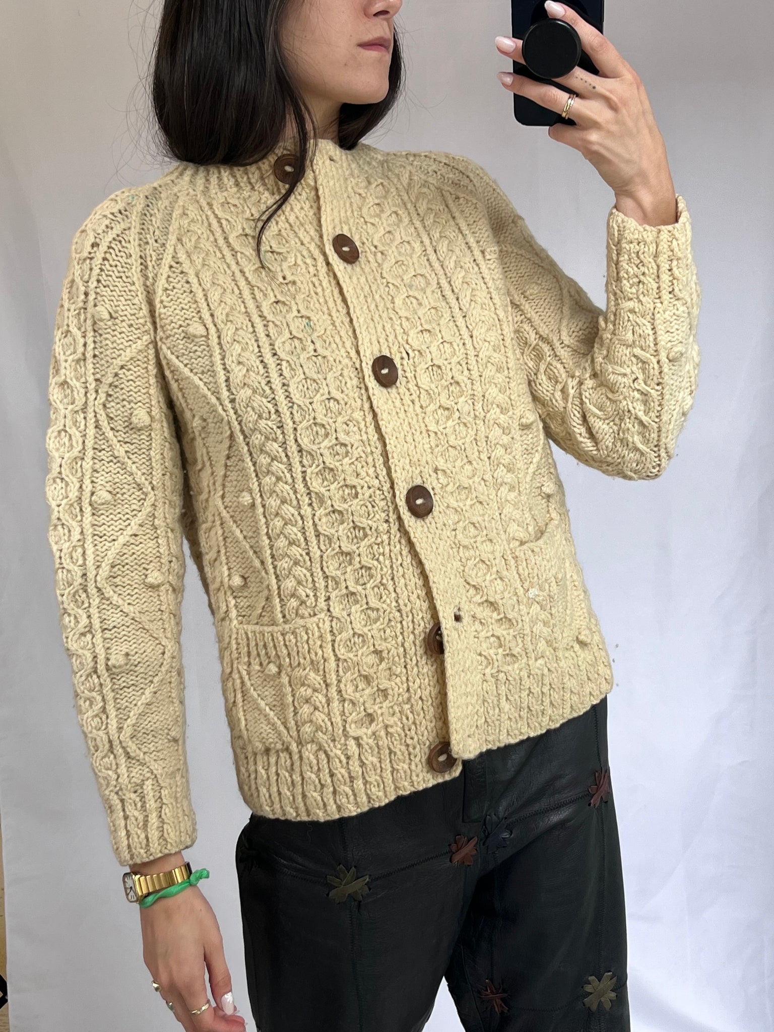 Vintage cream cable knitted wool cardigan