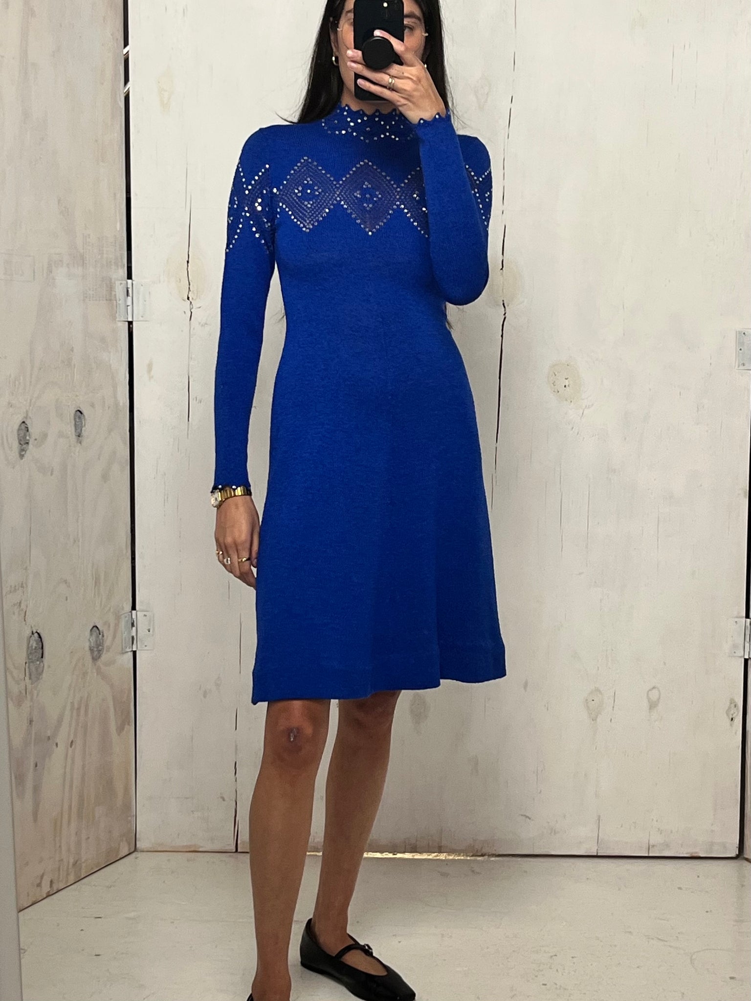 Electric Blue Rhinestone Midi Knit Dress with Diamond Details