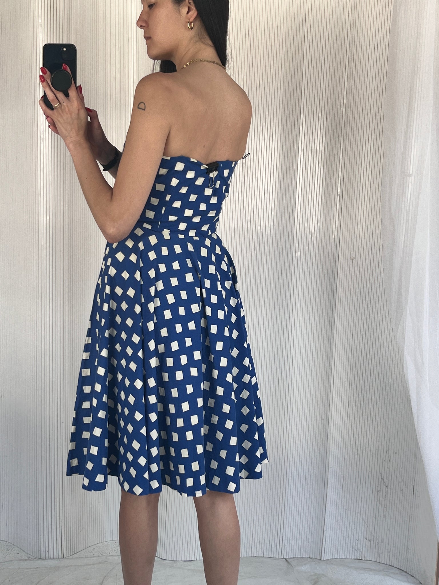 vintage 1950s square print boned strapless day dress