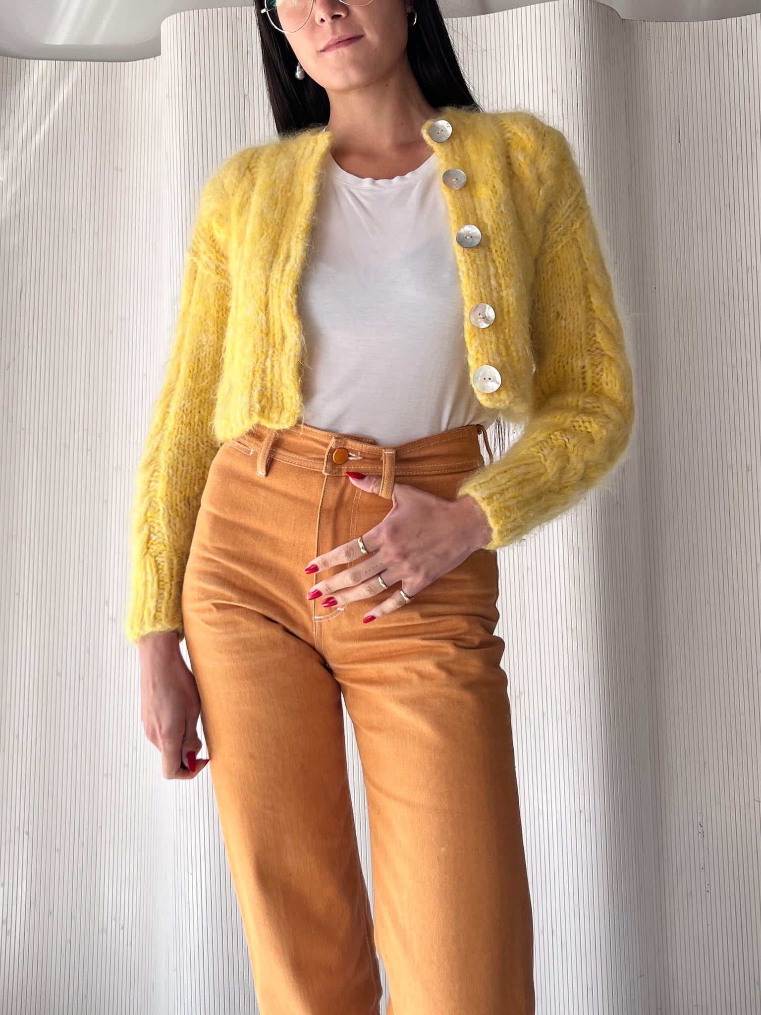 Frisson Knits Cropped Yellow Cardigan