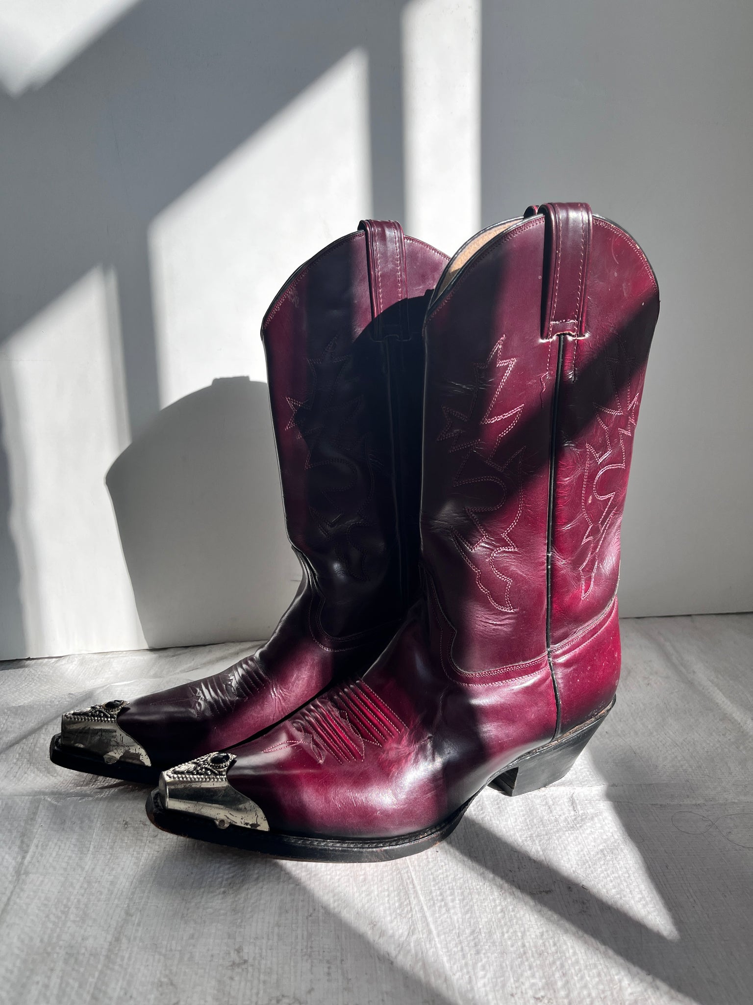 Merlot Cowboy Boots with Silver and Black Gem Detail