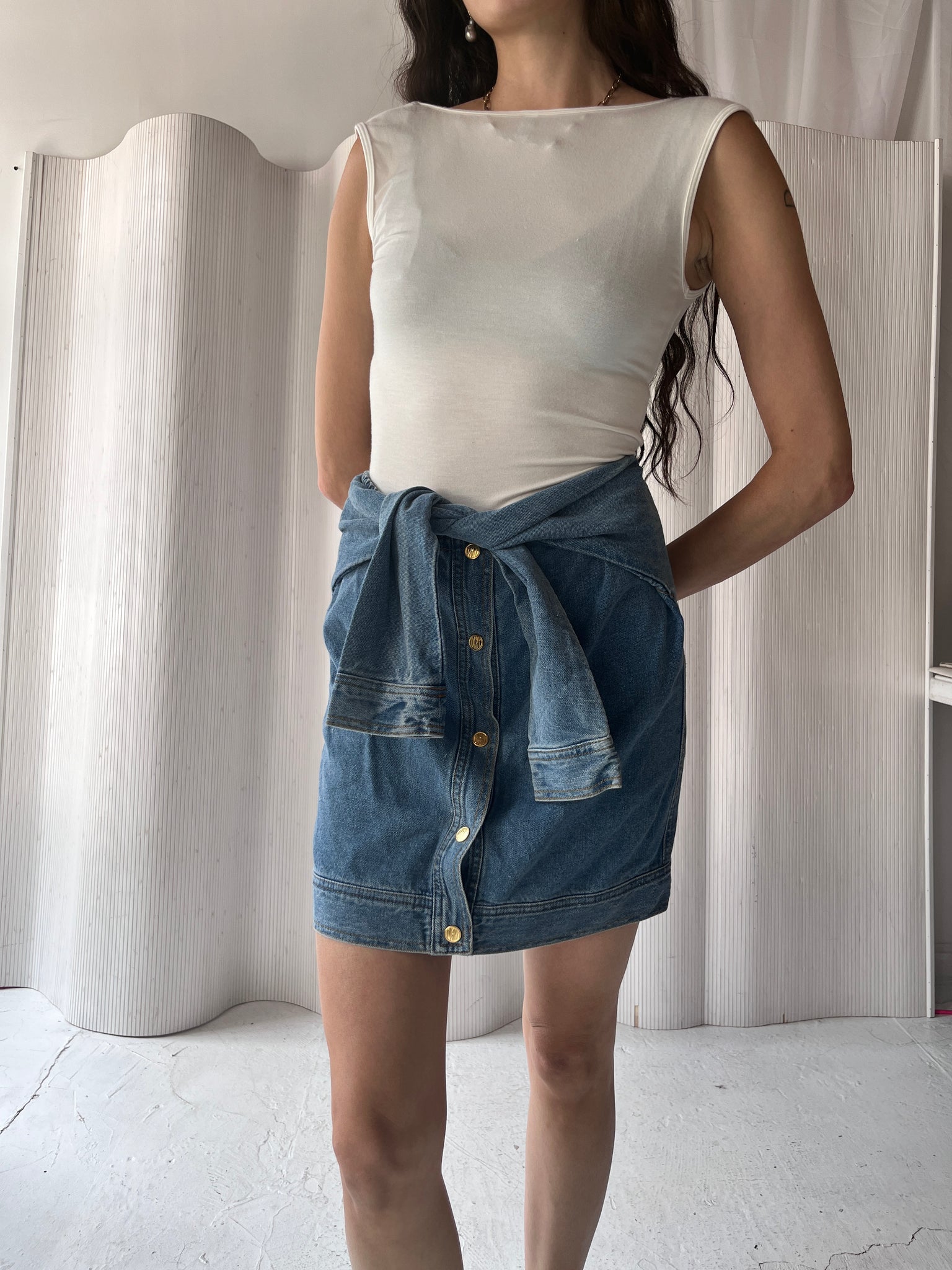 DKNY x Opening Ceremony denim tie skirt