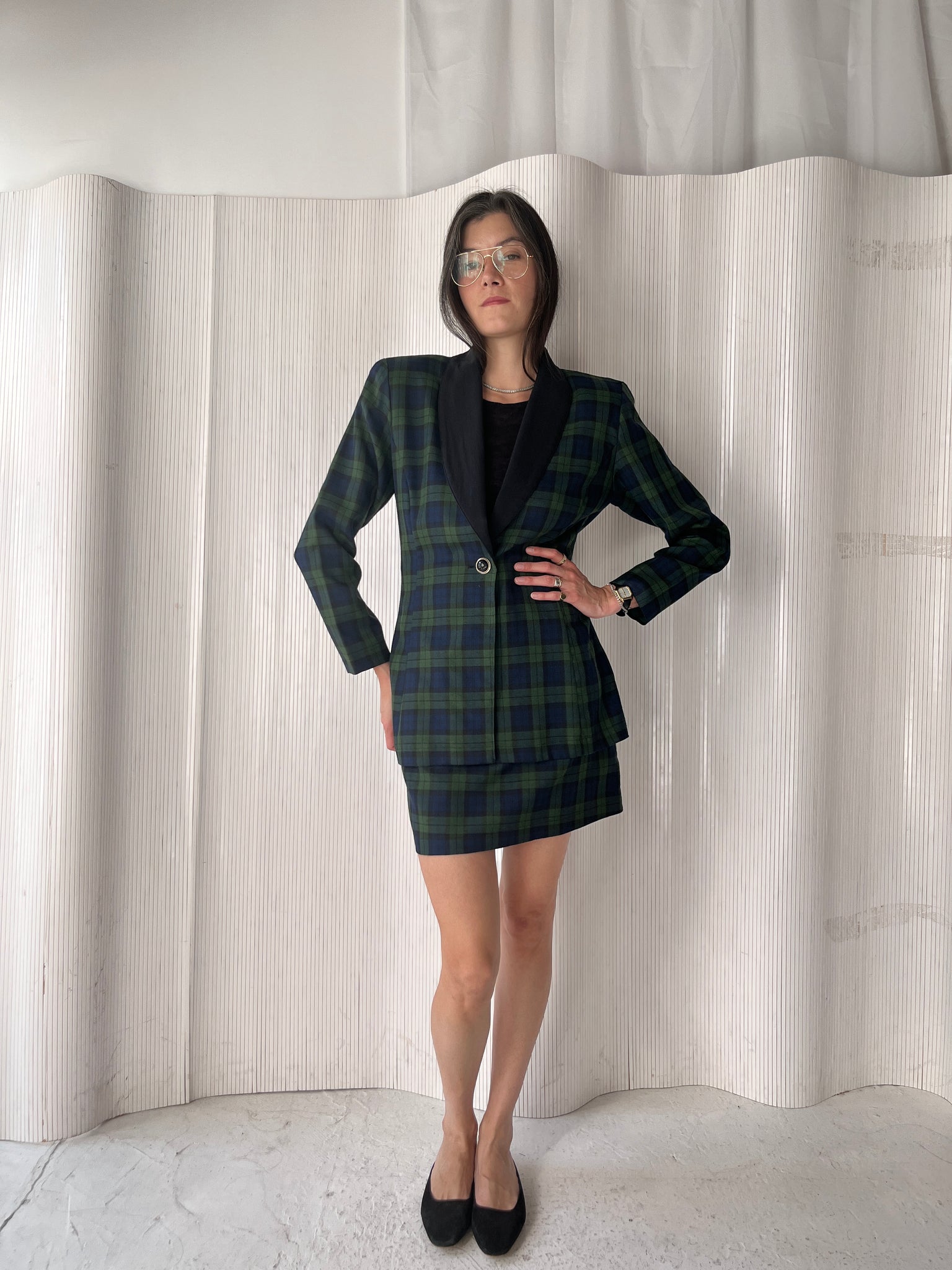 Green & navy plaid skirt suit