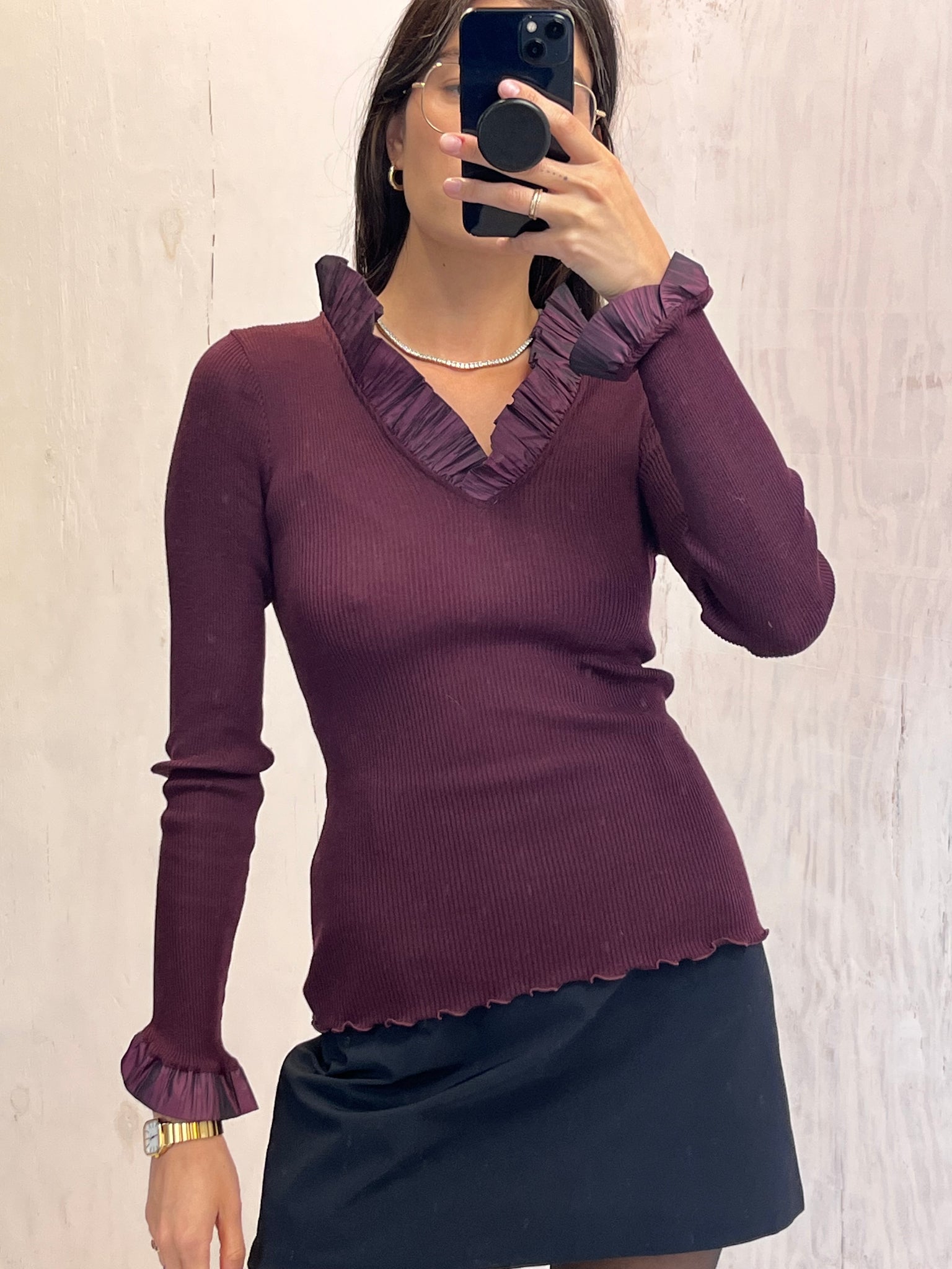 Maroon Stretch Italian Blouse with Ruffles