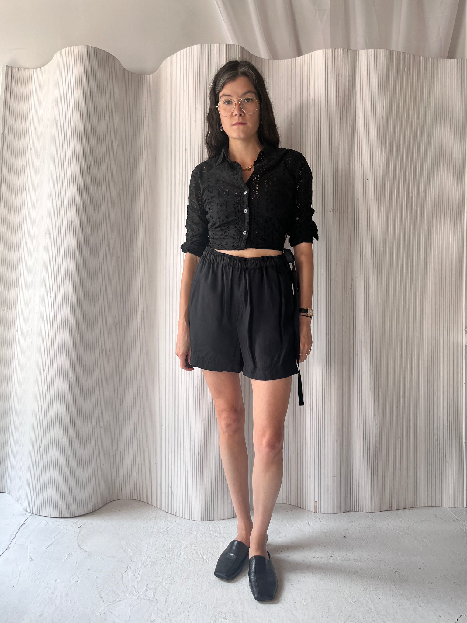 Black eyelet button down