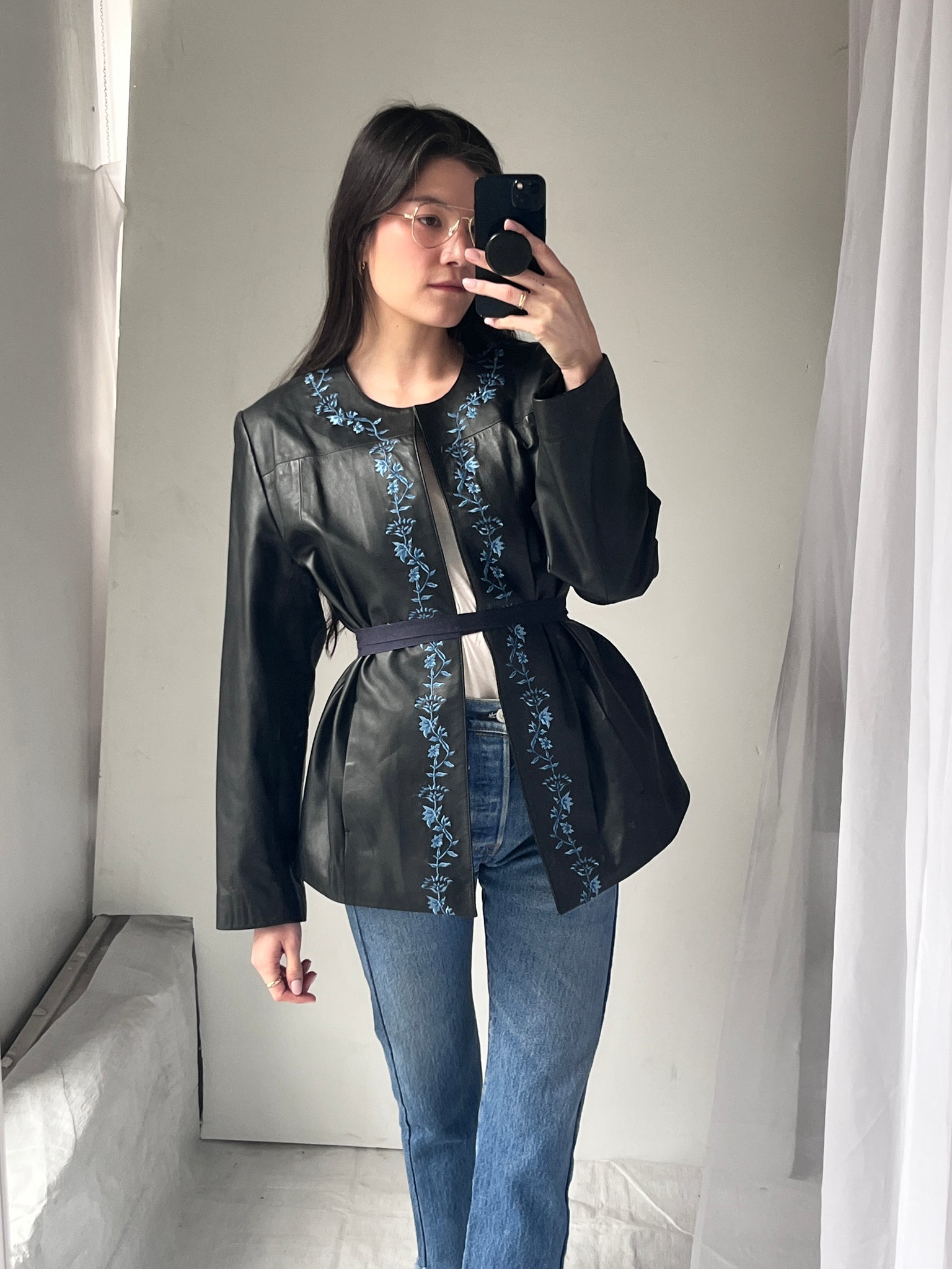 Black Leather Jacket with Blue Floral Embroidery