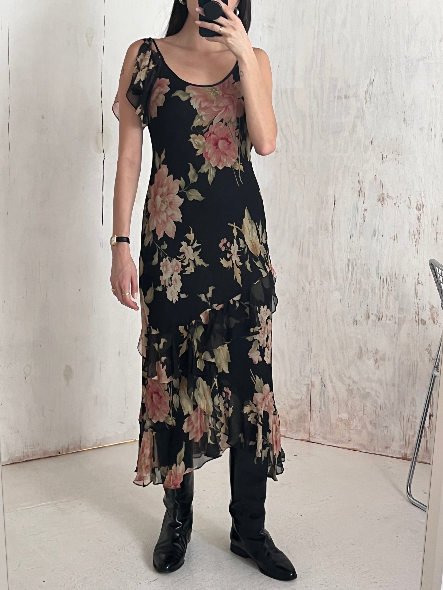 RL silk floral tiered flutter sleeve gown