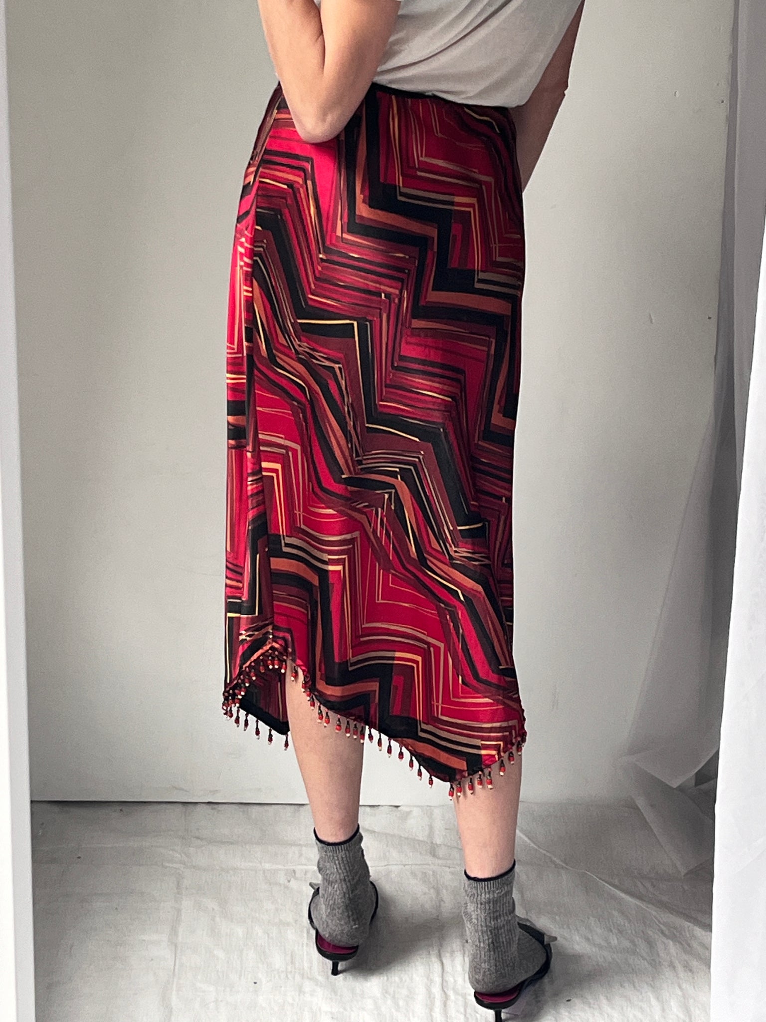 Red & Black Geometric Skirt with Beads