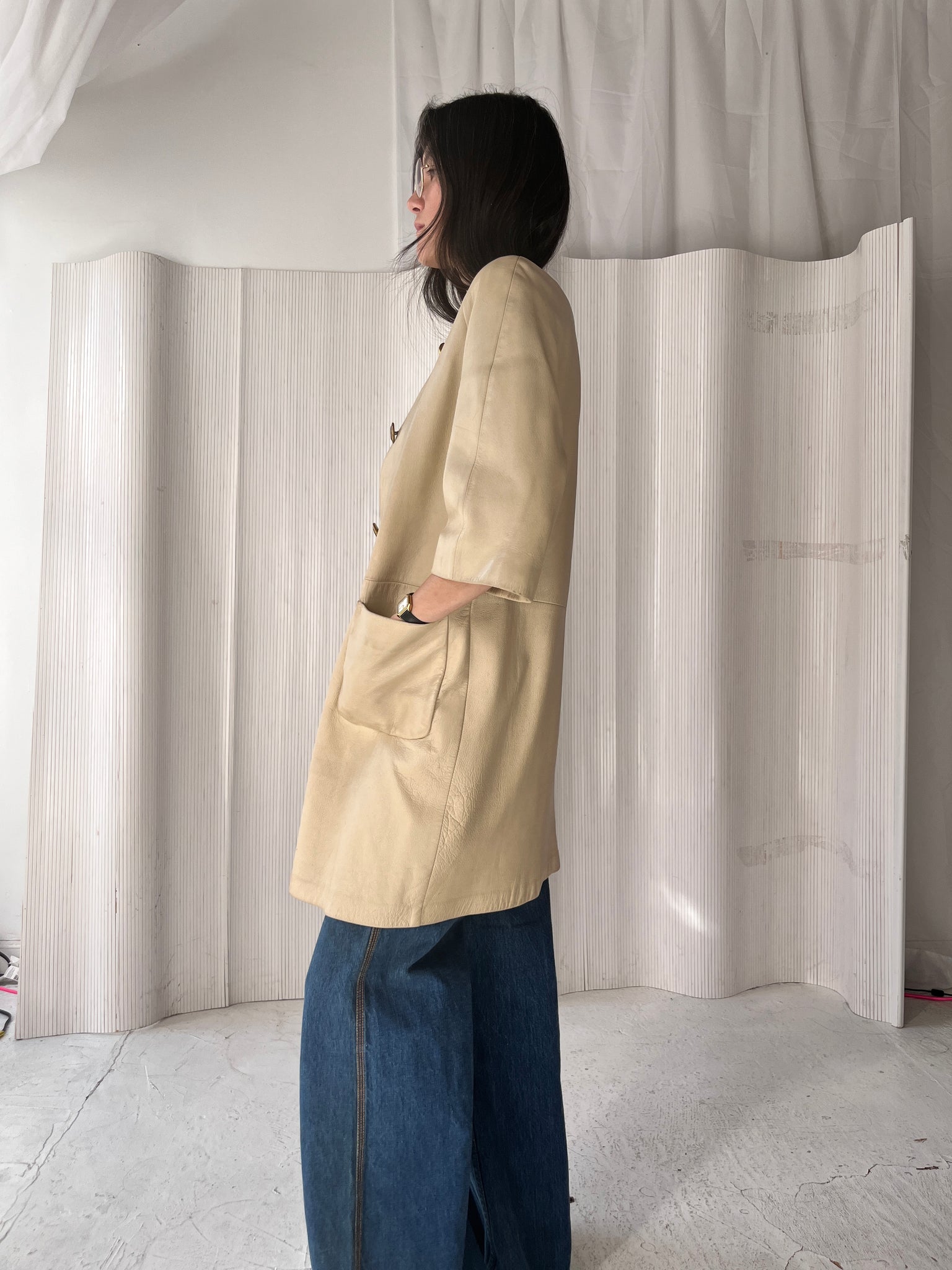 Cream leather car coat