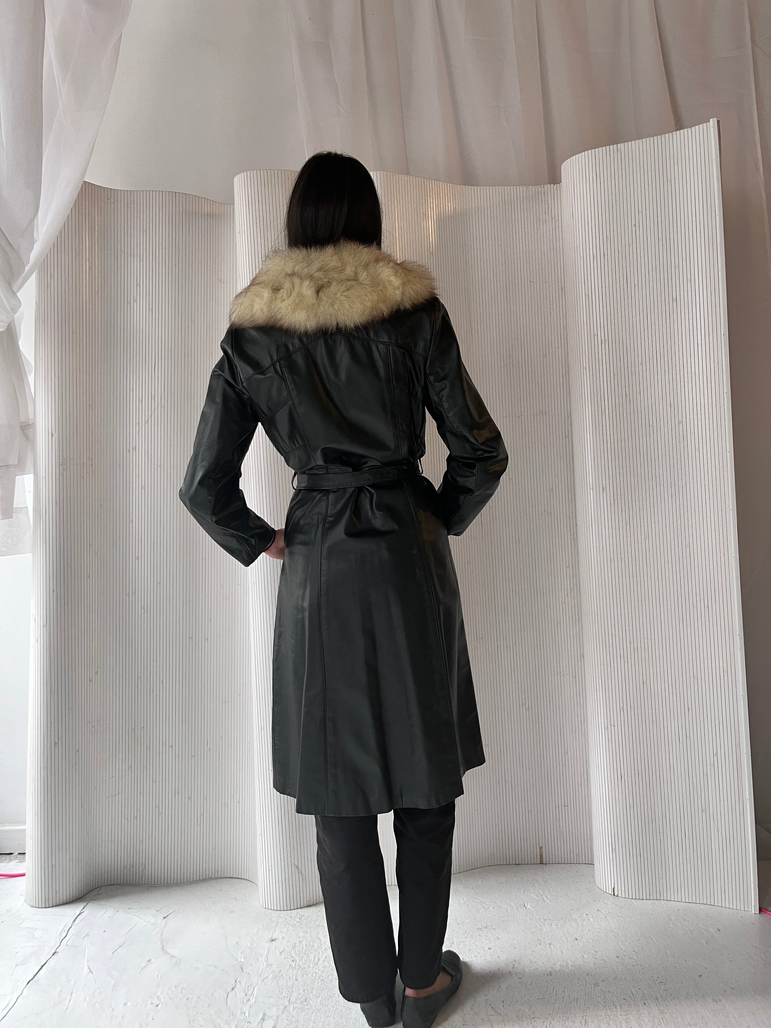 Vintage Fur Collared Leather Trench