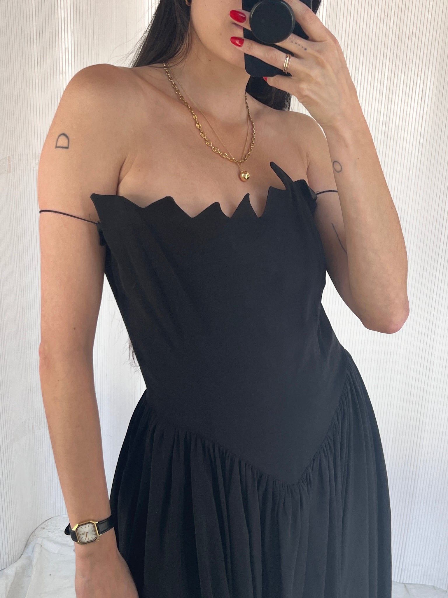 vintage 1980s zig zag neckline strapless cocktail dress