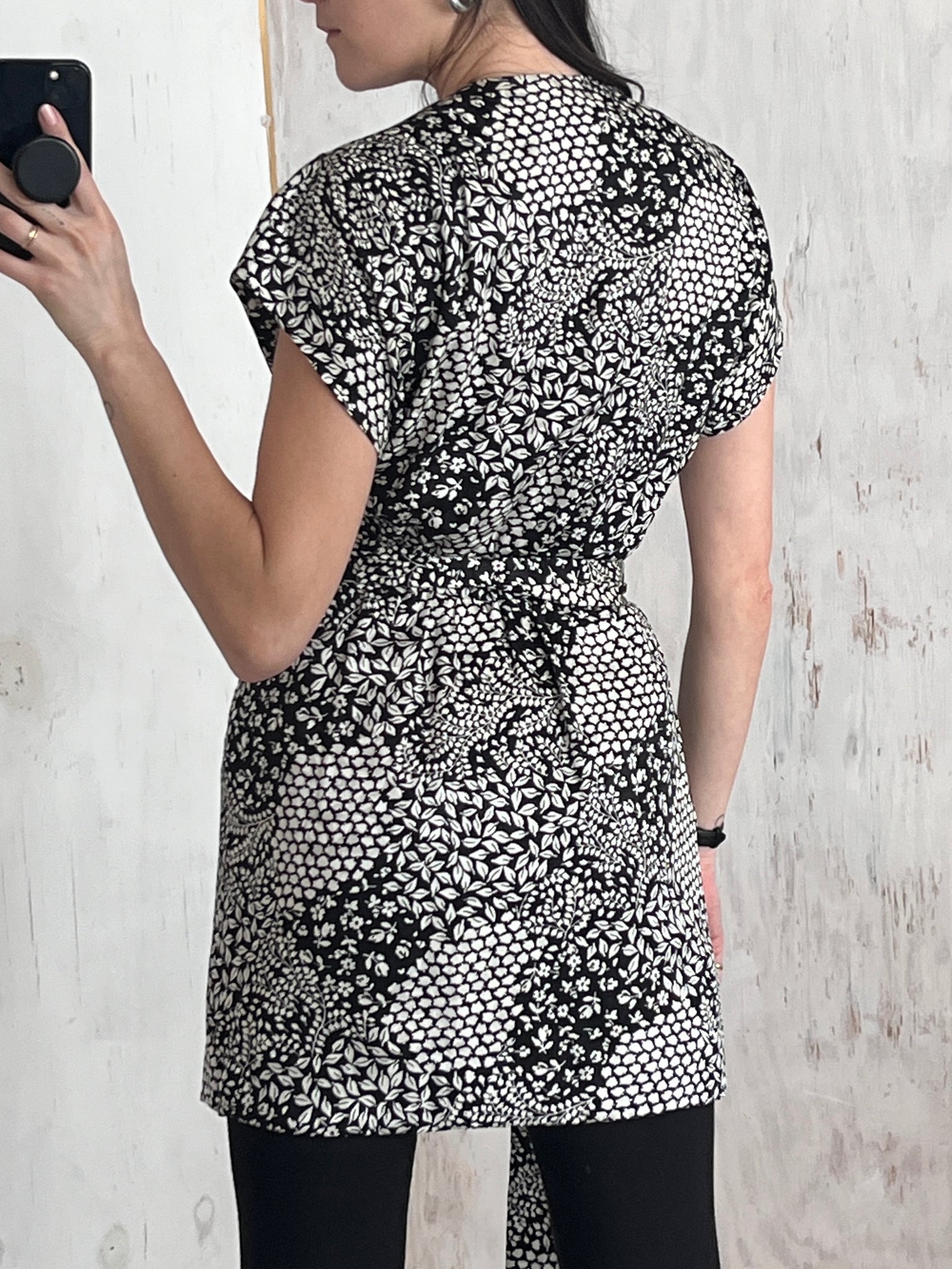 80s Givenchy B&W Graphic Silk Wrap-front Mini Dress