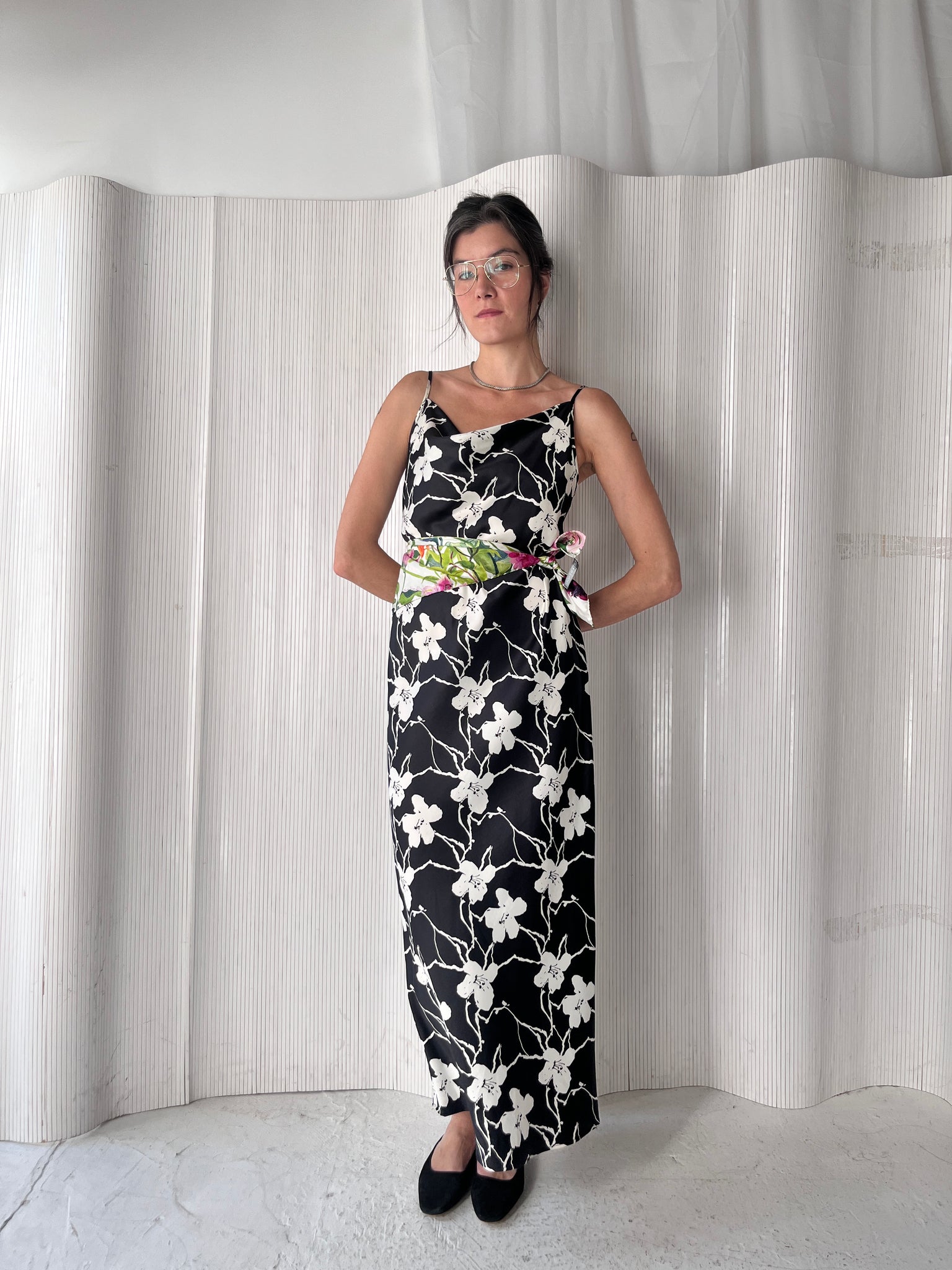 INC b&w satin floral slip dress