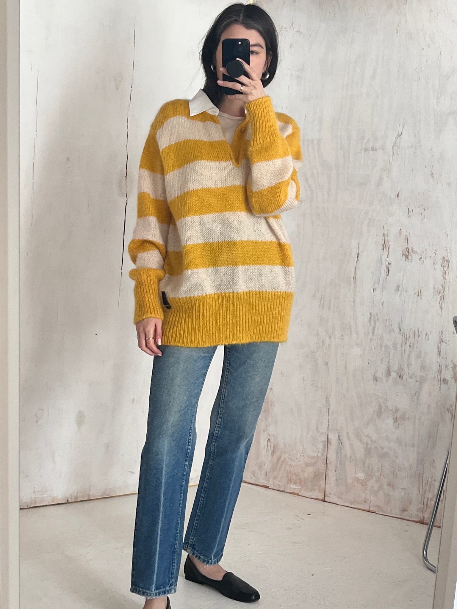 Unisex Fendi Striped Yellow and Cream Mohair Sweater with Collar