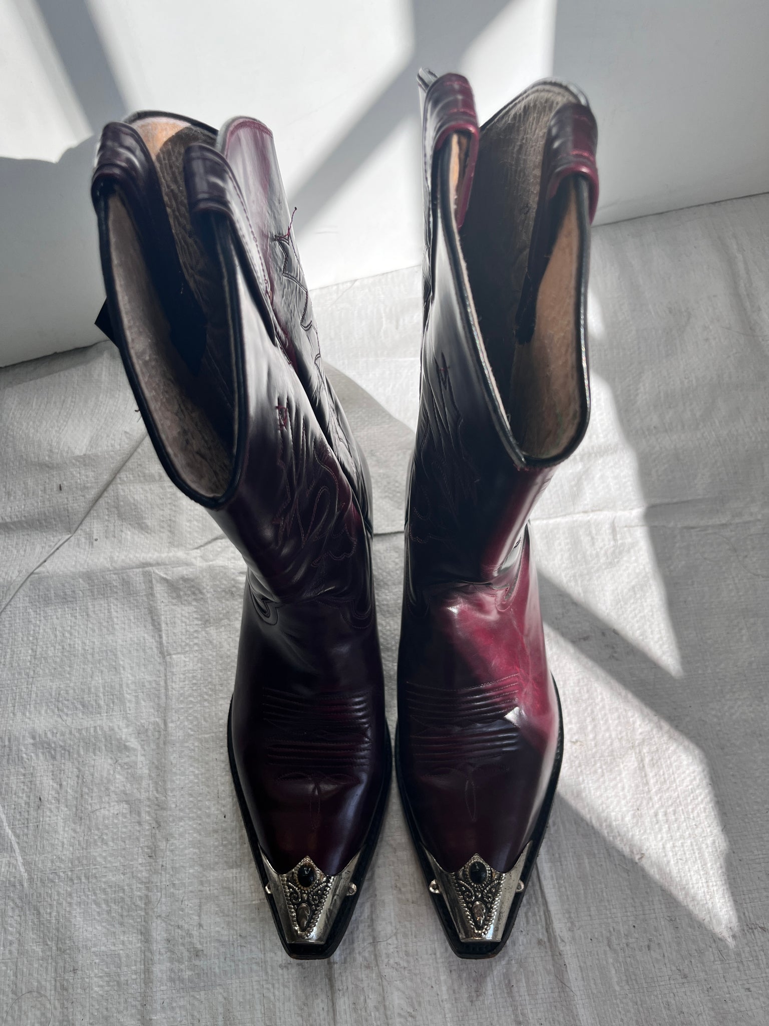 Merlot Cowboy Boots with Silver and Black Gem Detail
